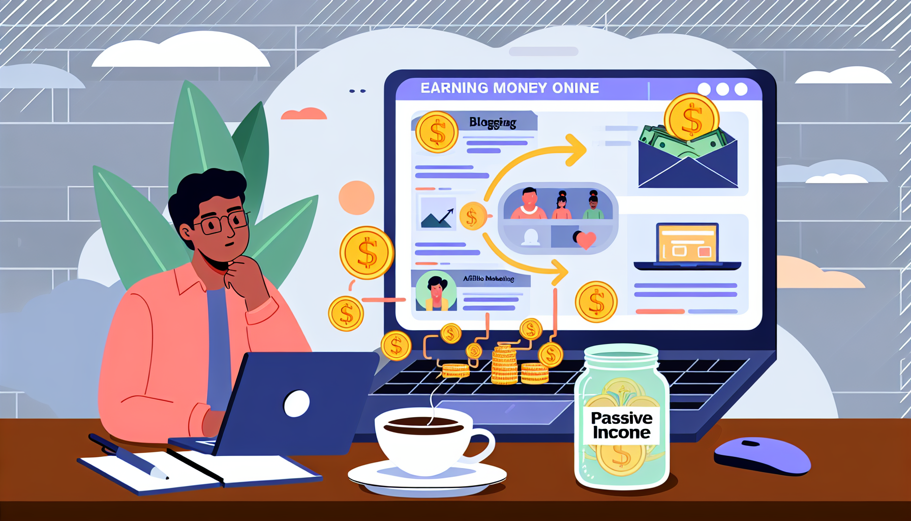 Eine Illustration, die das Konzept des Geldverdienens online und passivem Einkommen veranschaulicht. Zeigen Sie einen Laptop mit einem Bildschirm, der verschiedene Online-Möglichkeiten wie Blogging, Affiliate-Marketing und Online-Beratung anzeigt. Lassen Sie digitale Münzen oder Währungen vom Bildschirm in ein Glas mit der Aufschrift 'Passives Einkommen' fließen. Fügen Sie auch eine Person südasiatischer Abstammung hinzu, die an einem Tisch sitzt und diesen Prozess mit einem zufriedenen Lächeln beobachtet. Die Umgebung kann ein gemütliches Zuhause sein, mit einer Tasse Kaffee, einem Notizblock und einer Pflanze auf dem Tisch.