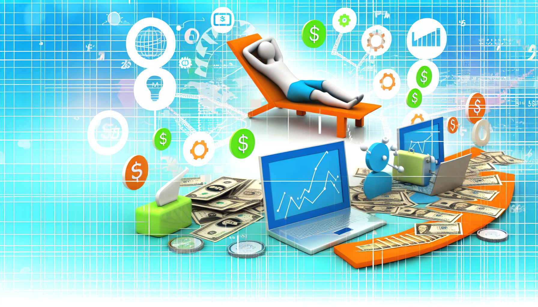 Ein Konzept, das das Online-Geldverdienen und passives Einkommen darstellt. Die Illustration könnte digitale Elemente wie Laptops, mobile Geräte und Internetsymbole enthalten, oder Motive traditioneller finanzieller Elemente wie Geld, Münzen und Banknoten. Der Aspekt des passiven Einkommens könnte durch Entspannungselemente vermittelt werden, wie zum Beispiel eine Person, die in einem Liegestuhl entspannt, was darauf hinweist, dass Einkommen mit minimalem Aufwand generiert wird. Bitte erstellen Sie ein Bild mit hellen und modernen Farbschemata, um das zeitgenössische Thema widerzuspiegeln.