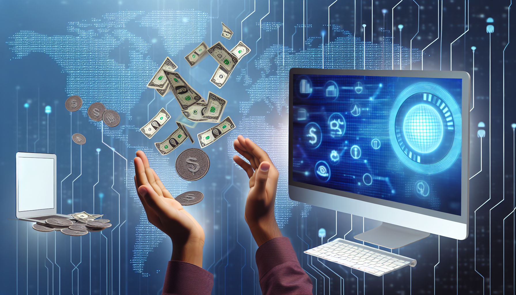 Eine Illustration, die das Konzept des Geldverdienens online und der Generierung von passivem Einkommen verkörpert. Das Bild zeigt einen Computer vor einem Hintergrund globaler Vernetzung, der verschiedene finanzielle Indikatoren und Symbole enthält. Außerdem sind Münzen zu sehen, die aus dem Computerbildschirm in die Hände einer Person fallen, was auf Online-Einnahmen hinweist. Die Person hat mittlereröstliche Abstammung. Zusätzlich sehen wir einen eleganten, wachsenden Baum aus Geldscheinen, der das Wachstum und die Kontinuität von passivem Einkommen symbolisiert. Die gesamte Stimmung ist positiv und deutet auf finanziellen Erfolg durch digitale Plattformen hin.