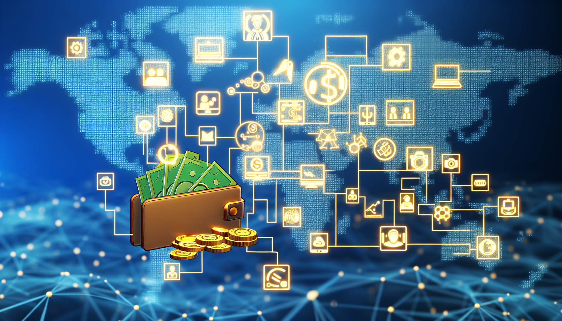 Ein Array von standardmäßigen virtuellen Aktivitäten, die normalerweise durchgeführt werden, um online passiv Geld zu verdienen. Dazu gehören Vlogging, Blogging, Streaming von Videospielen, Kryptowährungshandel, das Erstellen digitaler Kunst und deren Verkauf online, das Schreiben von E-Books, das Werden eines Coaches oder Mentors, das Entwerfen von Websites oder der Verkauf von handgefertigten Waren auf einem Online-Marktplatz. Das Konzept wird mit einer Vielzahl von kleinen Symbolen und Eingaben auf einem globalen digitalen Kartenhintergrund dargestellt, während goldene Münzen in eine digitale Brieftasche regnen, was passives Einkommen symbolisiert.