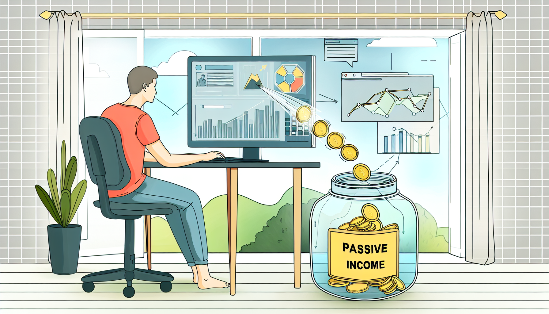 Illustration des Konzepts des Geldverdienens online und passivem Einkommen. Die Zeichnung könnte eine Person zeigen, die an einem Schreibtisch sitzt, mit einem Computerbildschirm, der Grafiken und Finanzdaten anzeigt. Digitale Münzen könnten aus dem Computer in ein Glas mit der Aufschrift 'Passives Einkommen' fließen. Die Person könnte ein kaukasischer Mann sein, der in seine Arbeit vertieft ist, in einem gut beleuchteten Homeoffice. Die Umgebung außerhalb eines nahegelegenen Fensters ist beruhigend, vielleicht ein Garten, was den Komfort des Arbeitens von zu Hause aus suggeriert.