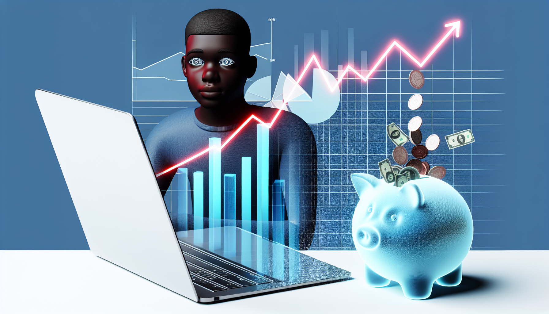 Eine Illustration, die online Einkommen und passive Einnahmen symbolisiert. Stellen Sie sich eine Person mit schwarzer Abstammung vor, die vor einem Laptop sitzt, auf dessen Bildschirm Liniendiagramme und Tortendiagramme erscheinen, um Wachstum und Einkommensströme darzustellen. Münzen und Geldscheine fallen regelmäßig in ein durchsichtigen Sparschwein neben dem Laptop, was die Ansammlung von Wohlstand im Laufe der Zeit symbolisiert. Dieses Bild repräsentiert das Konzept, passives Einkommen durch Online-Möglichkeiten zu generieren.
