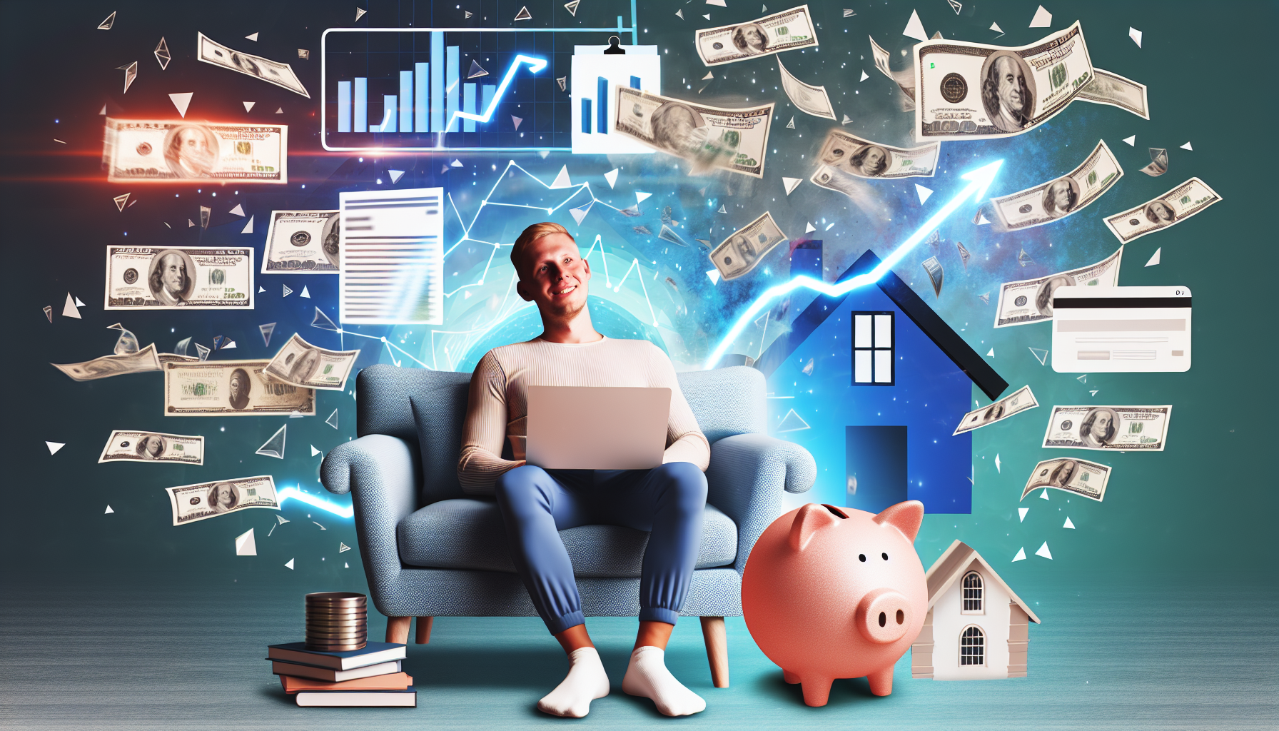 Eine illustrative Visualisierung des Geldverdienens online oder passivem Einkommen. Stellen Sie einen kaukasischen Mann dar, der bequem auf einem Sofa sitzt, mit einem Laptop auf seinem Schoß, während er Webseiten durchblättert, während Geldscheine um ihn herum vom Himmel regnen. Zeigen Sie auch ein digitales Diagramm auf dem Laptop-Bildschirm, das den Anstieg des Einkommens darstellt. Um ihn herum sollten Objekte dargestellt werden, die passives Einkommen symbolisieren, wie ein Sparschwein, eine Mietimmobilie, Dividendenaktien und einen Tantiemen-Scheck. Alle Elemente sollten eine Atmosphäre von Leichtigkeit und Wohlstand schaffen.