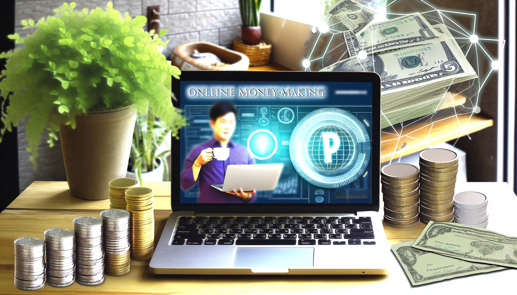 Ein detailliertes Bild, das das Online-Geldverdienen und passives Einkommen darstellt. Es könnte einen Laptop zeigen, der eine erfolgreiche Handels- oder E-Commerce-Webseite anzeigt, sowie Münzen und Banknoten, die das Einkommen symbolisieren. Eine entspannte Person, möglicherweise mit einer Tasse Kaffee, deutet auf den passiven Aspekt dieses Einkommens hin. Um Vielfalt zu signalisieren, sollte die Person ein ostasiatischer Mann sein. Die Umgebung könnte ein ruhiges Zuhause sein, mit Pflanzen, die Wohlstand und Wachstum anzeigen. Die Atmosphäre sollte komfortabel wirken und das Gefühl von finanzieller Freiheit widerspiegeln, das durch passives Einkommen gewonnen wird.