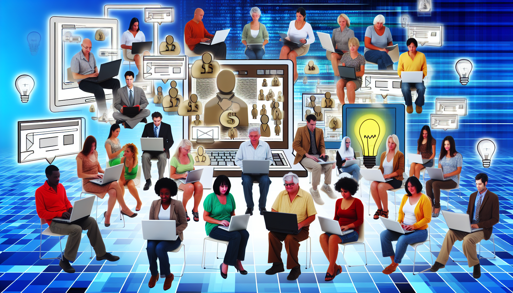 Ein Bild einer florierenden Online-Community, die aus verschiedenen Individuen besteht, die begierig darauf sind, zu lernen, wie man effizient online Gewinne erzielt. Die Mitglieder der Community sind dabei dargestellt, wie sie an verschiedenen Aktivitäten teilnehmen, wie zum Beispiel Recherchieren, Webinare besuchen, an Forendiskussionen teilnehmen und Wissen austauschen. Sie stammen aus unterschiedlichen Herkunftsländern und sind gleichmäßig vertreten, darunter Kaukasier, Schwarze, Hispanics, Menschen aus dem Nahen Osten, Südasianer und andere. Einige von ihnen nutzen Laptops, während andere mit ihren Mobiltelefonen oder Tablets nach Online-Informationen suchen, alles vor dem Hintergrund einer virtuellen Welt, die durch Pixel und Datenströme repräsentiert wird.