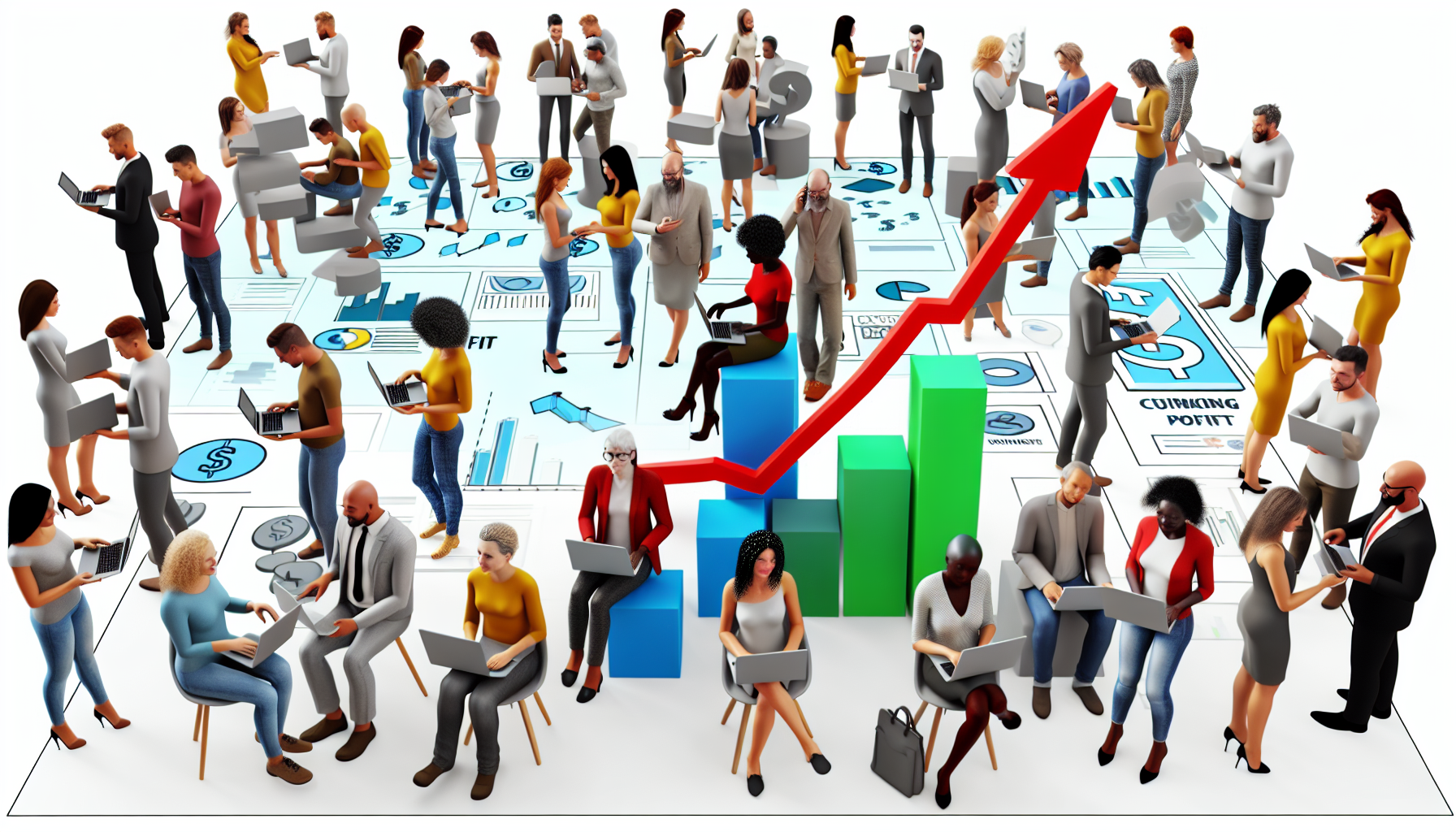 Eine Darstellung einer Online-Affiliate-Marketing-Community. Es gibt eine dynamische, geschäftige Szene, in der verschiedene Menschen, Männer und Frauen unterschiedlicher Abstammung wie Kaukasier, Hispanics, Schwarze, Menschen aus dem Nahen Osten, Südasien und Weiße, in Diskussionen und Online-Zusammenarbeiten engagiert sind. Sie sind zu sehen, wie sie Laptops, Desktop-Computer und mobile Geräte nutzen, was auf ihre Online-Aktivitäten hinweist. Es gibt visuelle Darstellungen von Gewinn, wie steigende Grafiken und Dollarzeichen, die auf ihre erfolgreichen Engagements beim Geldverdienen im Internet hinweisen.