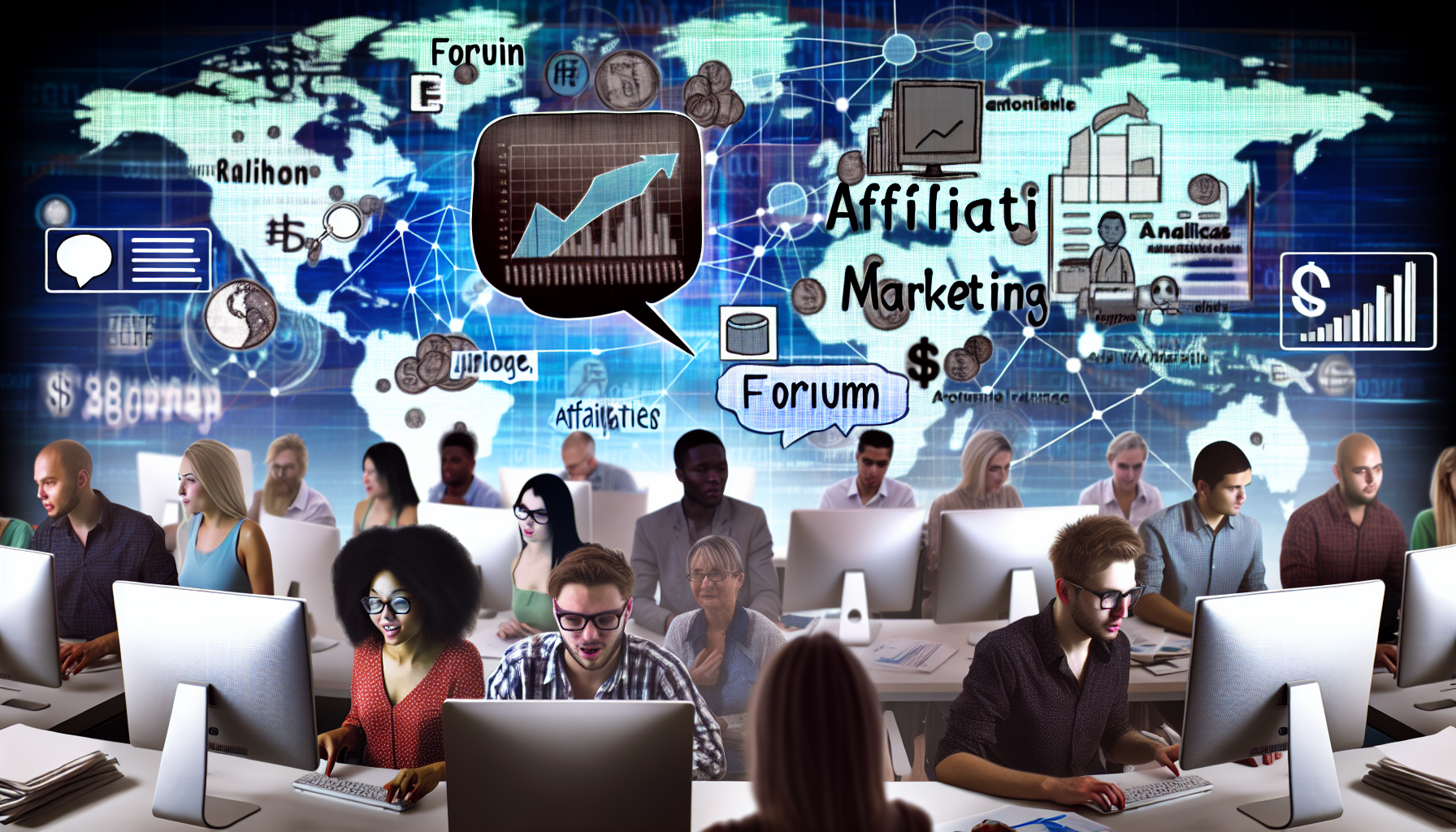 Eine lebendige Online-Community, die sich dem profitablen Affiliate-Marketing widmet. Das Bild zeigt mehrere Personen unterschiedlicher Ethnien und Geschlechter, die jeweils vor ihren Computern sitzen. Sie sind in ihre Aufgaben vertieft, einige analysieren Analysegrafiken, andere gestalten Werbematerialien, während eine Forum-Chatblase ihre kollaborativen Bemühungen verkörpert. Hintergrundelemente deuten auf die digitale, vernetzte Essenz ihres Schaffens hin, wie ein abstrahiertes Weltkarten-Netzwerk und verschiedene Währungssymbole, die die globale und finanzielle Natur ihrer Arbeit symbolisieren.