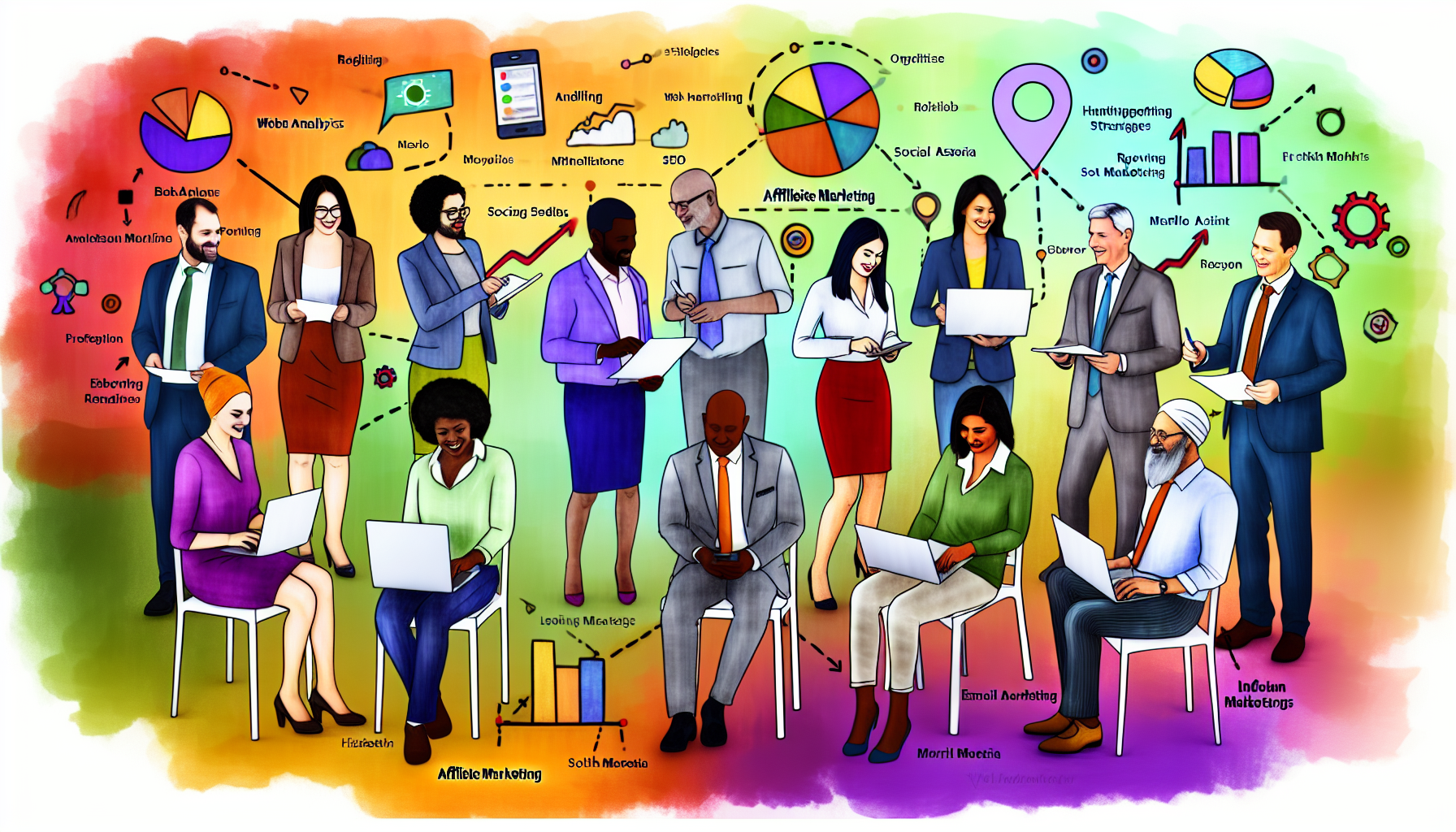Eine Illustration einer vielfältigen und integrativen Gemeinschaft von Individuen, die jeweils an verschiedenen Online-Aktivitäten beteiligt sind, die das Affiliate-Marketing symbolisieren. Sie umfasst Männer und Frauen unterschiedlicher ethnischer Hintergründe, wie Kaukasier, Hispanics, Schwarze, Menschen aus dem Nahen Osten und Südasien, die alle effektiv in Aktivitäten engagiert sind, die mit profitablen Online-Geldverdienmöglichkeiten zu tun haben, wie der Analyse von Webdaten, der Optimierung von SEO, der Verfeinerung von Social-Media-Strategien und der Pflege von E-Mail-Marketing-Leads. Die Umgebung ist energiegeladen und inspirierend und zeigt die florierende Dynamik der Affiliate-Community.