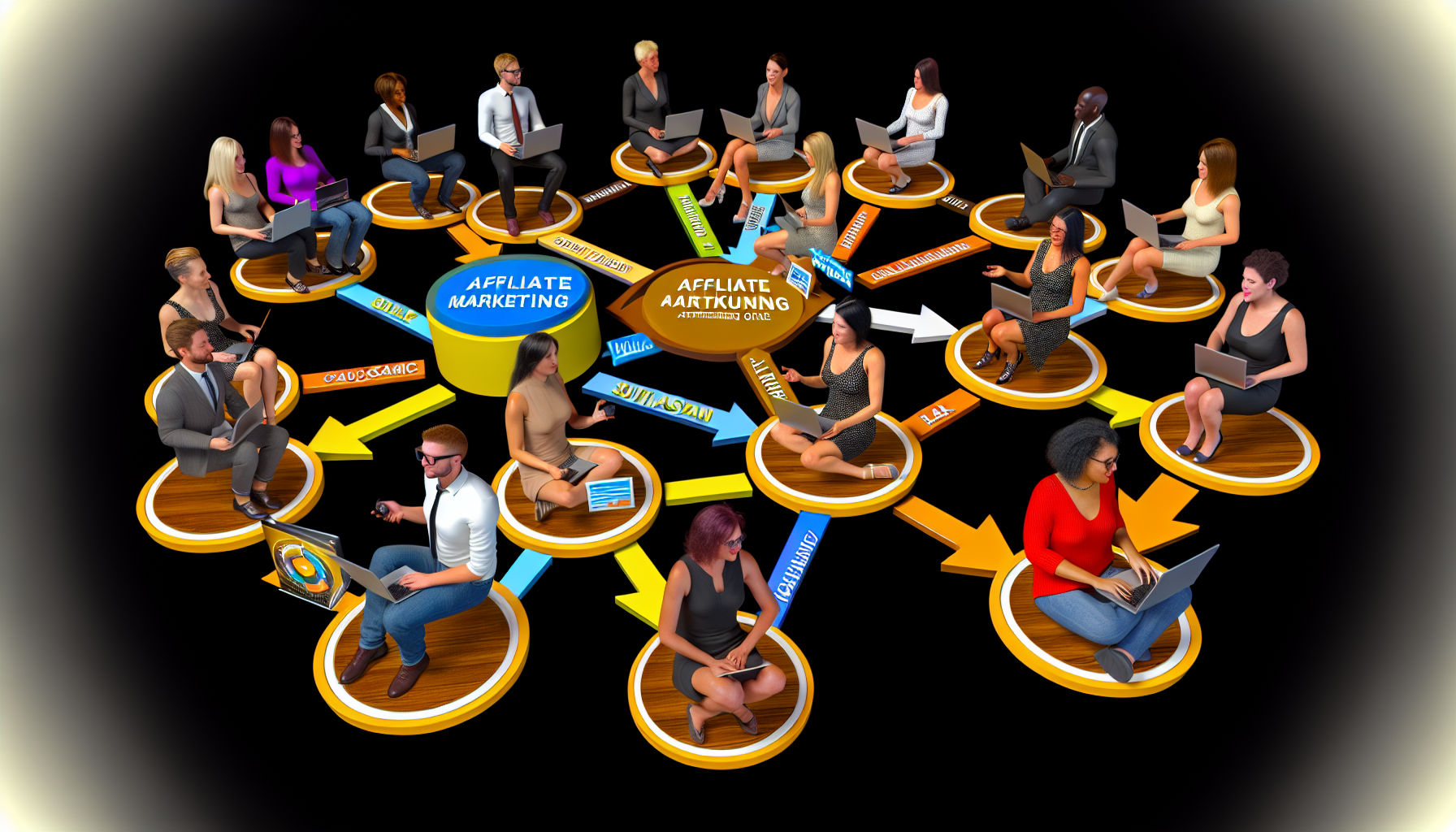 Imaginäre Darstellung einer lebendigen und aktiven Online-Community, die dem Affiliate-Marketing gewidmet ist. Die Mitglieder der Community, gleichmäßig verteilt auf verschiedene Abstammungen wie Kaukasier, Hispanics, Schwarze, Menschen aus dem Nahen Osten, Südasianer und Weiße, interagieren energisch über virtuelle Plattformen und diskutieren Strategien, um online Gewinne zu erzielen. Das Geschlechterverhältnis in der Community ist ausgewogen, wobei Männer, Frauen und nicht-binäre Personen gleichermaßen teilnehmen und sichtbar von dieser bereichernden Interaktion profitieren.