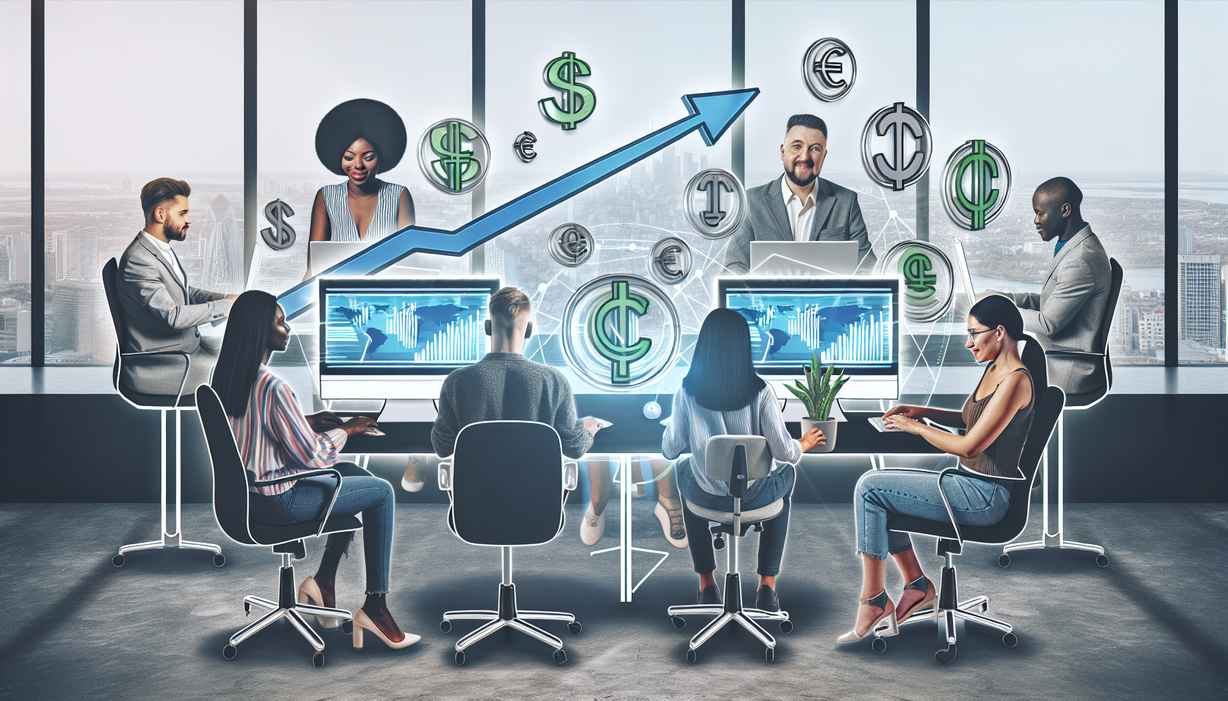 Eine visuelle Darstellung der Affiliate-Community-Online-Plattform, die als Werkzeug genutzt wird, um profitabel Geld zu verdienen. Die Szene zeigt verschiedene Personen, darunter eine schwarze Frau, einen mittelöstlichen Mann, eine südasiatische Frau und einen kaukasischen Mann, die alle an ihren Computern sitzen und sich mit Affiliate-Marketing-Aktivitäten beschäftigen. Ihre Monitore zeigen Diagramme, die Wachstum und steigende Gewinne anzeigen. Um sie herum schweben Symbole von Währungen aus der ganzen Welt, um das globale Online-Einkommen zu verdeutlichen. All dies findet in einem modernen Arbeitsraum statt, der mit Pflanzen, bequemen Stühlen und großen Fenstern mit Blick auf die Stadtlandschaft ausgestattet ist.