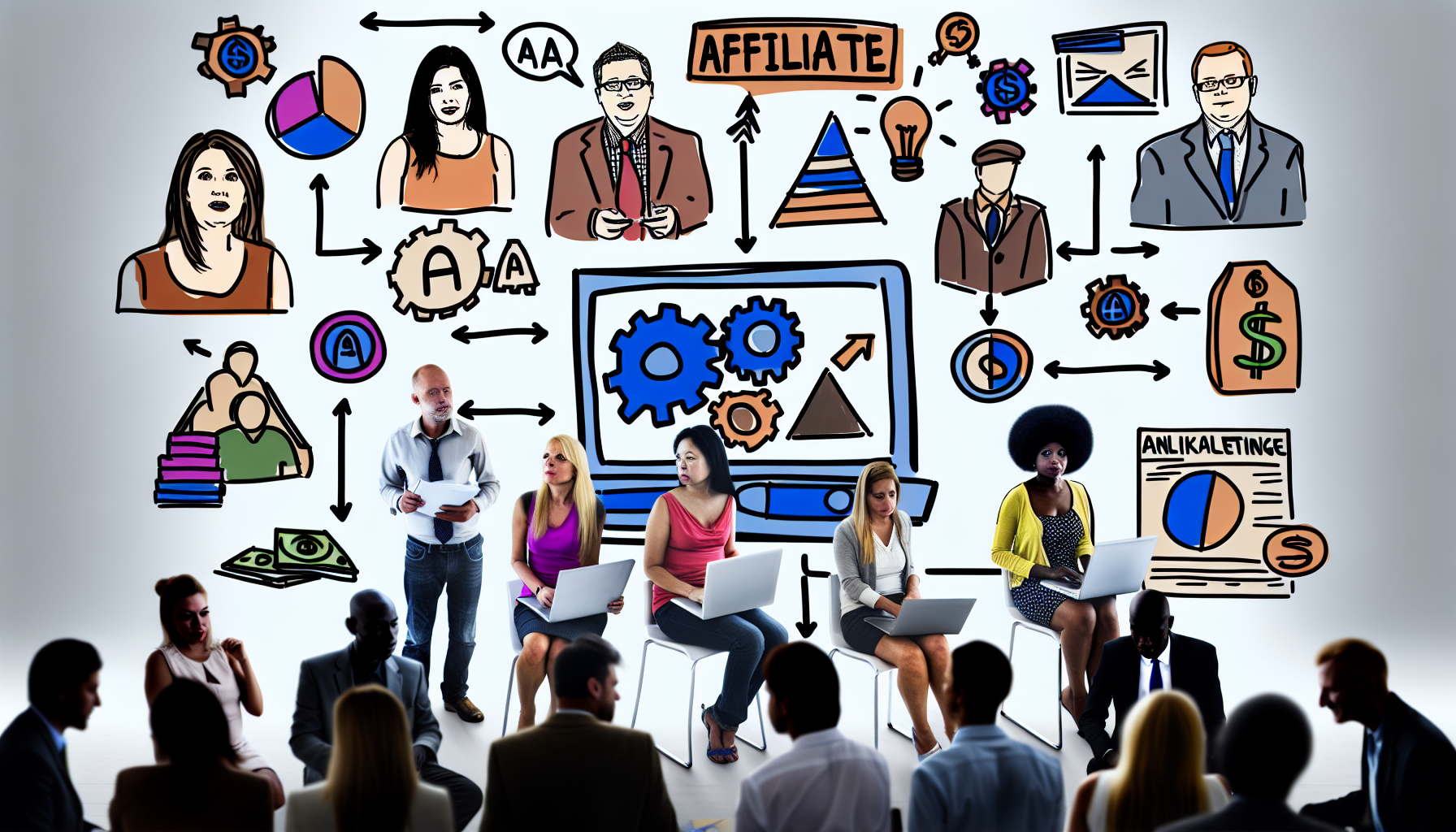 Erstellen Sie ein Konzeptbild für eine Online-Community, die sich auf Affiliate-Marketing konzentriert. Das Bild sollte Menschen unterschiedlicher Herkunft darstellen, darunter Kaukasier, Hispanics, Schwarze, Menschen aus dem Nahen Osten und Südasien, die sich in Diskussionen engagieren und Strategien entwickeln, um profitabel online zu verdienen. Integrieren Sie Elemente, die mit digitalem Marketing zu tun haben, wie Computer, Diagramme von Verkaufstrichtern und Geldsymbole. Die Atmosphäre sollte von Zusammenarbeit und Optimismus geprägt sein.
