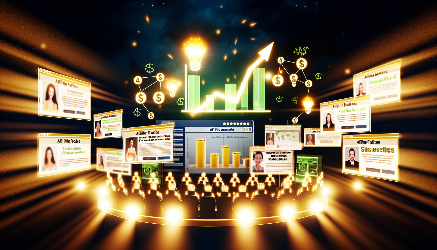 Ein Bild, das eine Online-Plattform zeigt, die mit warmen Lichtern beleuchtet ist und eine florierende Affiliate-Community symbolisiert. Diese Plattform ist für Personen gedacht, die an profitablen Online-Geldverdienmethoden interessiert sind. Verschiedene digitale Werkzeuge und Ressourcen sind verstreut, wie E-Books, Video-Tutorials, Webinare und Infografiken. Virtuelle Diskussionsforen summen vor interaktiven Dialogen zwischen mehreren Nutzern, und Erfolgsgeschichten sind an einem digitalen Board zusammen mit inspirierenden Zitaten angeheftet. Ein digitales Messgerät zeigt steigende Gewinnzahlen an, die den Erfolg der Community-Mitglieder symbolisieren.