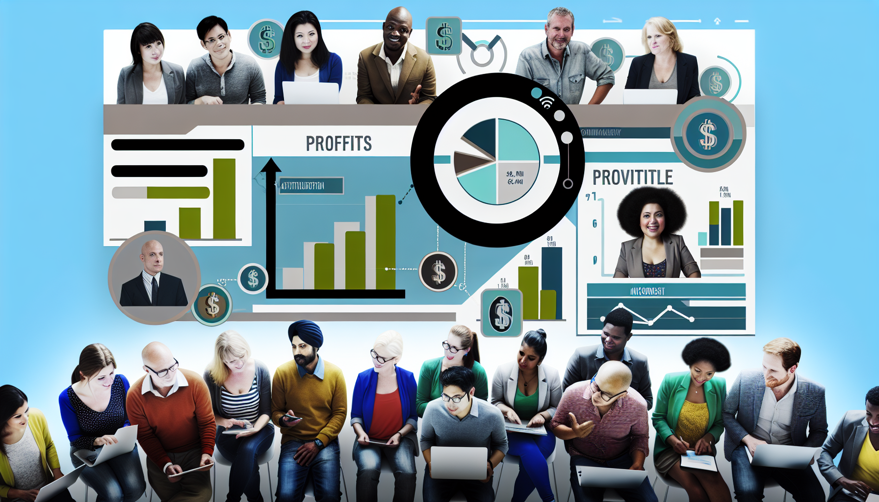 Eine Online-Community von Affiliate-Marketingern, die zusammenarbeiten, um profitables Einkommen zu generieren. Das Bild sollte Menschen unterschiedlicher Abstammung zeigen, wie Kaukasier, Schwarze, Hispanics und Südasianer, sowohl Männer als auch Frauen, die Ideen über digitale Plattformen austauschen und zusammenarbeiten, mit Infografiken über Gewinne und Wachstumsdiagrammen. Die allgemeine Stimmung des Bildes sollte Kameradschaft, Positivität und finanziellen Erfolg ausstrahlen.