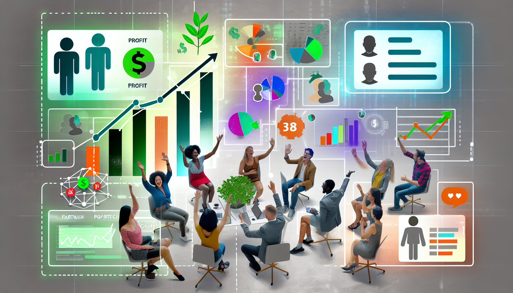 Ein Konzeptbild, das eine florierende Online-Community von Affiliate-Marketingern veranschaulicht. Zeigen Sie eine vielfältige Gruppe von Partnern, die interagieren und Strategien auf digitalen Plattformen austauschen, Gewinncharts präsentieren und gemeinsam den finanziellen Erfolg feiern. Die Atmosphäre sollte lebhaft und kollaborativ sein und ein Gefühl von Gemeinschaft unter Individuen unterschiedlicher Herkunft hervorrufen, einschließlich kaukasischer, hispanischer, schwarzer, nahöstlicher, südasiatischer und weißer Personen unterschiedlichen Geschlechts.