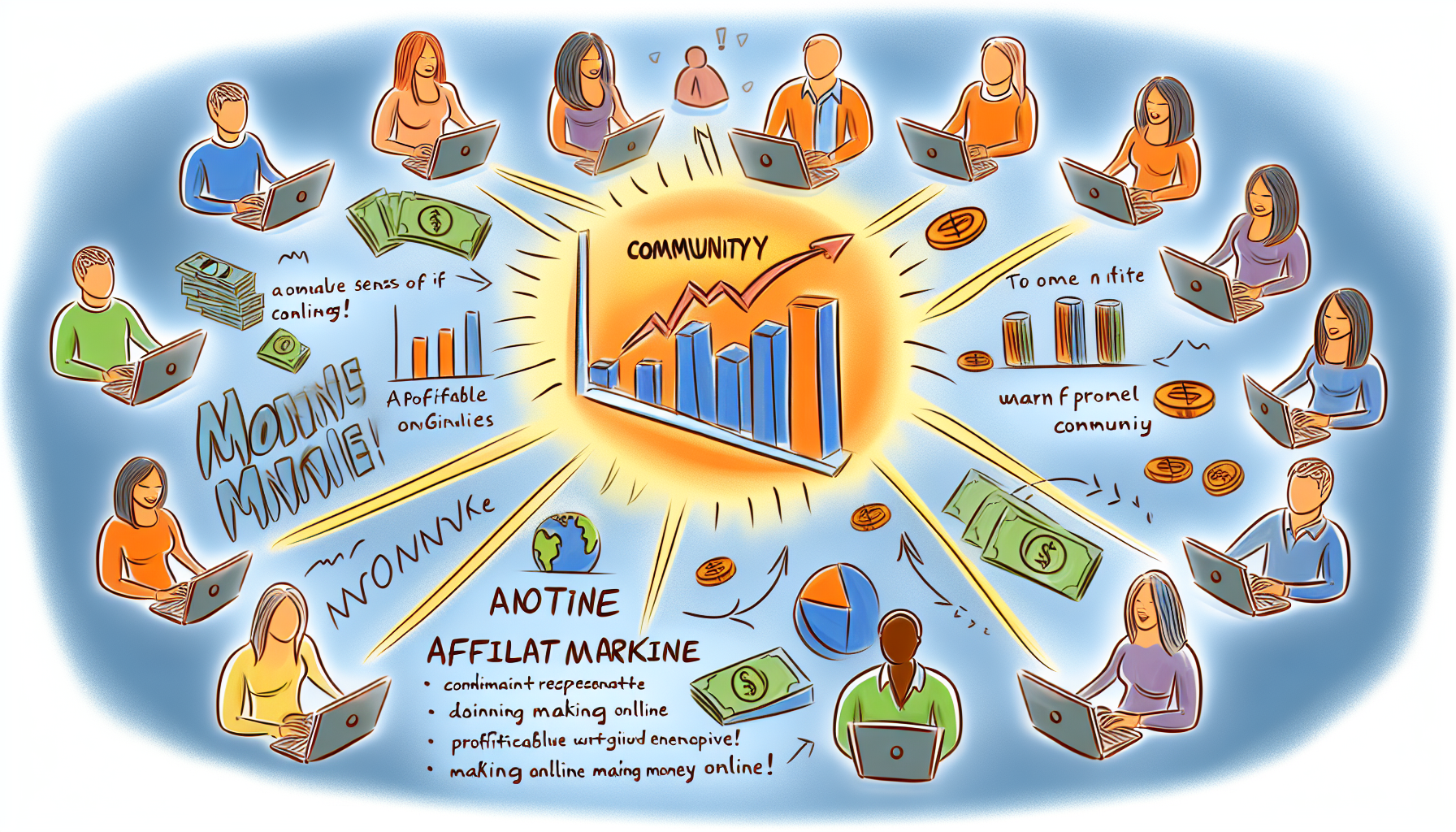 Eine illustrative Darstellung einer Gemeinschaft, die sich um Affiliate-Marketing dreht, zeigt Menschen unterschiedlicher Geschlechter und Abstammungen, die sich an einem profitablen Online-Geschäft beteiligen. Die Handlung des Geldverdienens online wird hervorgehoben. Wichtige Elemente sind Laptops, Grafiken, die Wachstum darstellen, ein warmes Gemeinschaftsgefühl und Symbole verschiedener globaler Währungen.