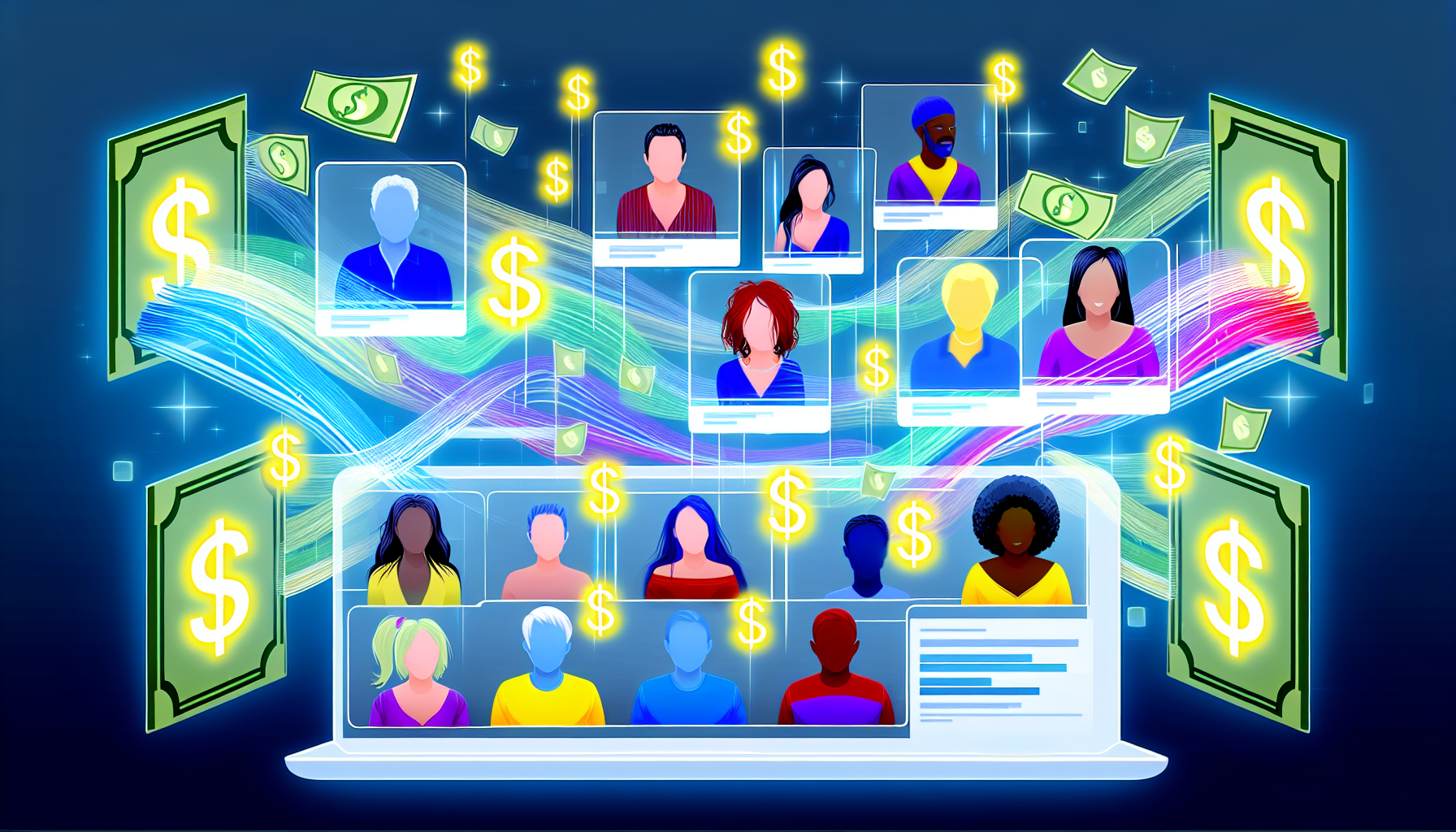 Stellen Sie eine lebendige, pulsierende Online-Community von Affiliate-Marketingern dar, die aus verschiedenen Abstammungen besteht, wie Kaukasier, Hispanics, Schwarze, Nahostler und Südasianer. Diese Vielfalt wird symbolisch durch unterschiedliche, farblich abgestimmte digitale Avatare repräsentiert, die sich aktiv an der Online-Zusammenarbeit beteiligen. Im Hintergrund fließen digitale Einnahmequellen über den Bildschirm und symbolisieren ihre profitablen Online-Einnahmen. Das Thema dieser Illustration ist die moderne digitale Wirtschaft und das Online-Unternehmertum.