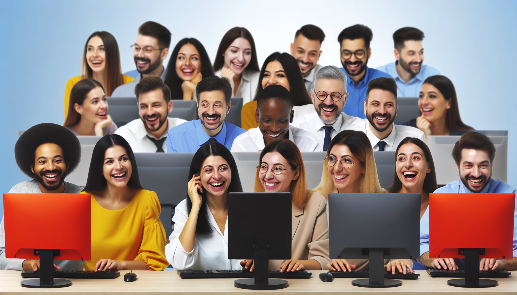 Eine florierende Affiliate-Community, die zusammenarbeitet, um profitables Einkommen online zu erzielen. Eine Vielzahl von Individuen unterschiedlicher Rassen und Geschlechter, darunter Kaukasier, Hispanics, Schwarze, Menschen aus dem Nahen Osten und Südasien, sitzt an ihren Computern, beschäftigt mit Recherchen und Kommunikation, und fühlt sich begeistert über ihre erfolgreichen Online-Unternehmungen.