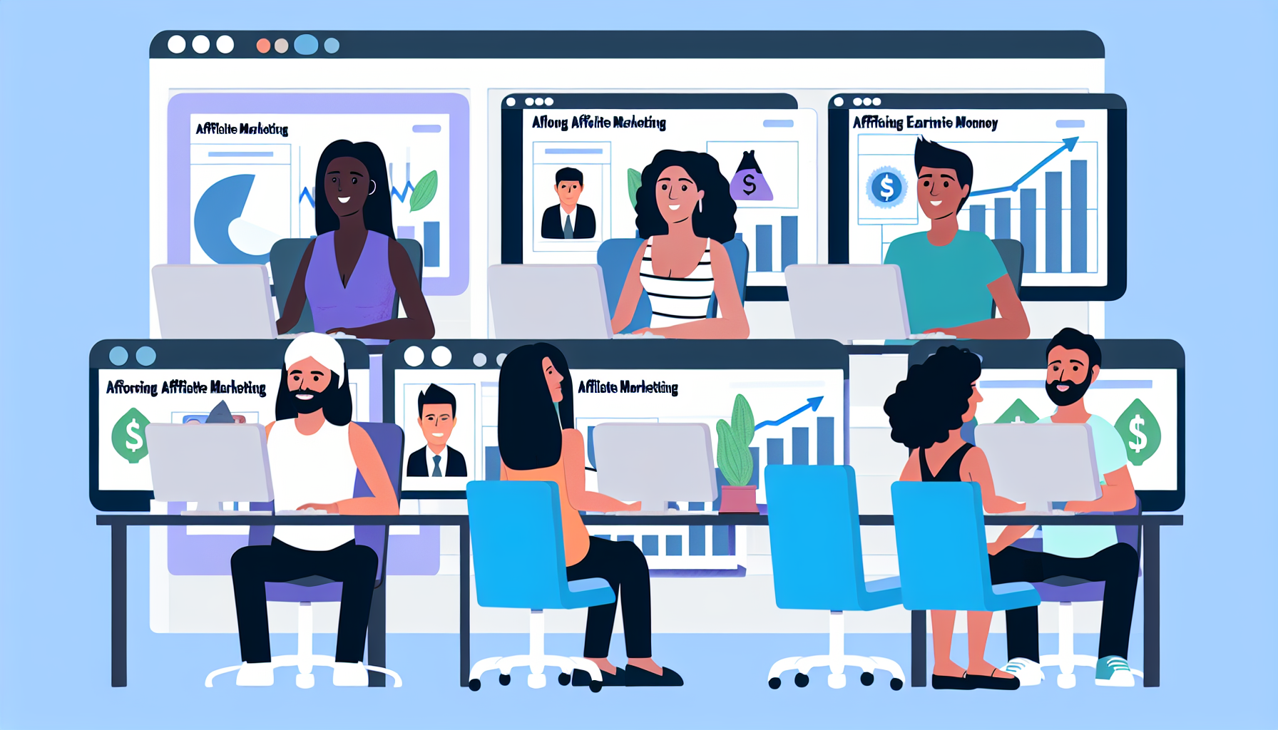 Eine Illustration einer Online-Community, die sich auf Affiliate-Marketing konzentriert, in der Einzelpersonen profitabel Geld verdienen. Das Bild sollte mehrere Personen darstellen, die jeweils unterschiedliche Abstammungen repräsentieren, wie Schwarz, Kaukasisch, Hispanoamerikanisch, Nahöstlich und Südasianisch. Sie sitzen alle vor ihren Computern und sind mit Online-Arbeiten beschäftigt. Auf ihren Bildschirmen sind Diagramme zu sehen, die das Gewinnwachstum zeigen, sowie eine vielfältige Auswahl an Produktbildern, die die erfolgreichen Affiliate-Marketing-Strategien symbolisieren, mit denen sie online Geld verdienen.