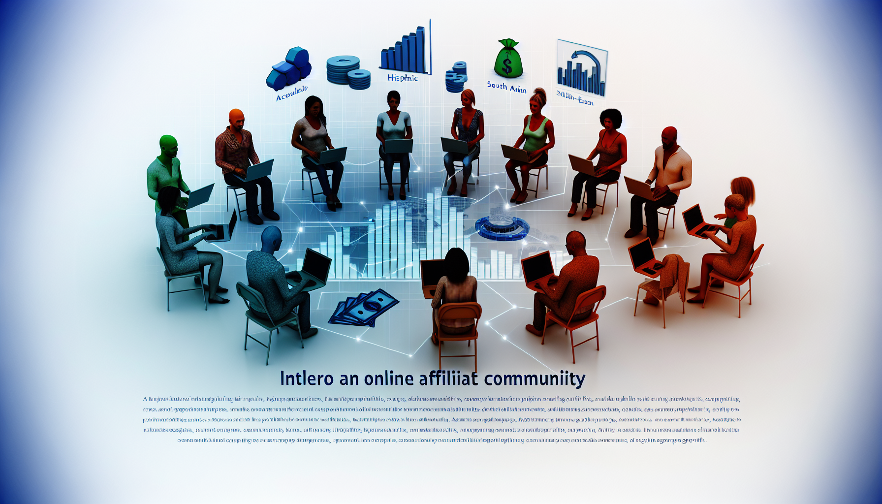 Eine Interpretation einer Online-Affiliate-Community. Diese Community ist in profitable Aktivitäten und Geldverdienstrategien im Internet engagiert. Die Visualisierung sollte Elemente enthalten, die das Online-Geschäft repräsentieren, wie Computer, digitale Netzwerke und Diagramme, die Wachstum zeigen. Vielfalt ist ein wesentlicher Bestandteil dieser Community, daher sollten Menschen verschiedener Abstammungen dargestellt werden, wie Kaukasier, Hispanics, Schwarze, Menschen aus dem Nahen Osten und Südasien, die alle ihre Geschäfte an ihren Laptops betreiben.