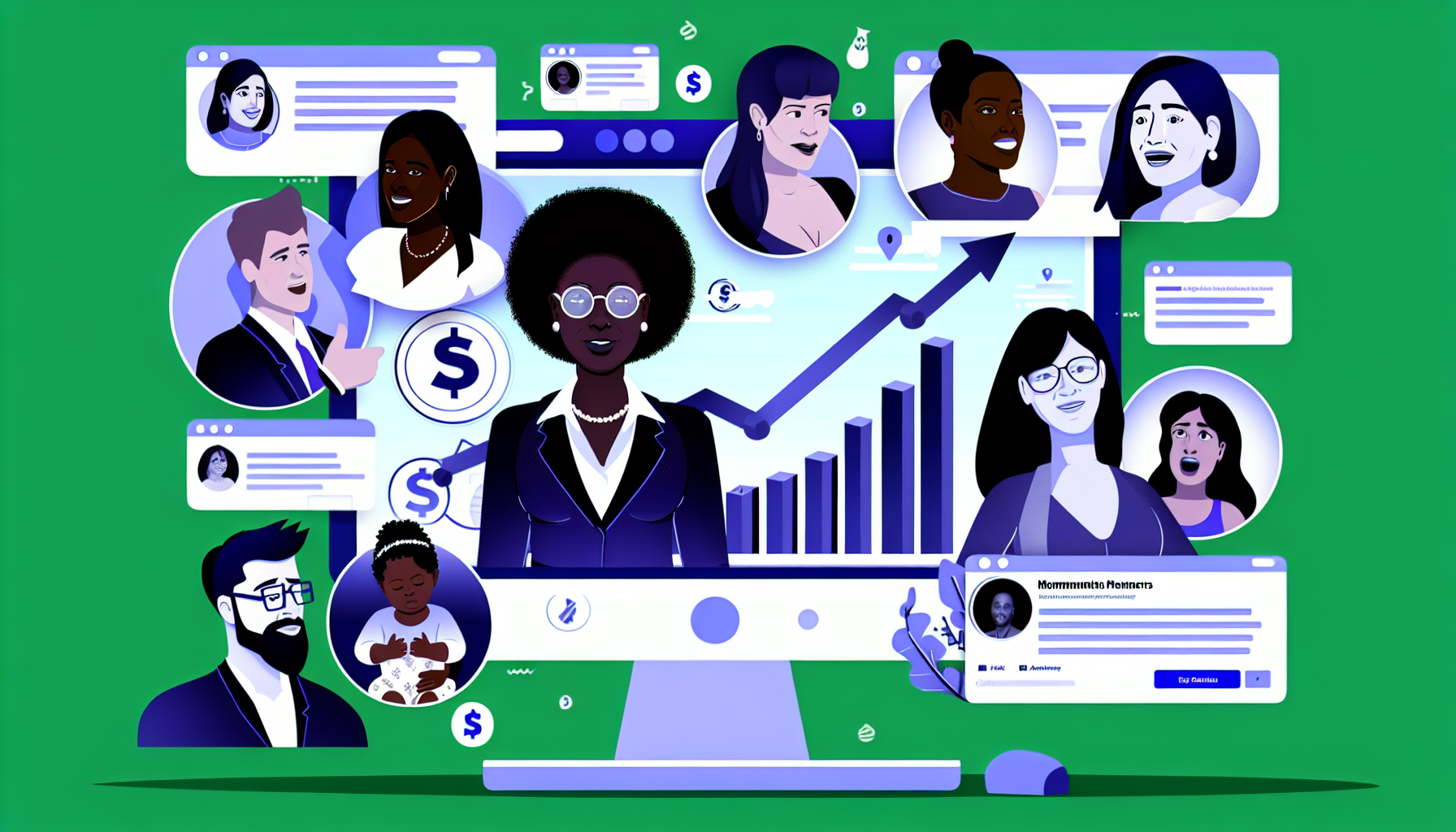 Eine Illustration einer Online-Affiliate-Community, in der Mitglieder profitabel Geld verdienen. Stellen Sie sich eine digitale Benutzeroberfläche auf einem Computerbildschirm vor, die eine Vielzahl von unterschiedlichen Mitgliedern zeigt, die sich vernetzen und Strategien diskutieren. Unter ihnen eine afrikanische Frau im Business-Anzug, ein asiatischer Mann mit Brille und eine mittelöstliche Frau, die sich mit der Mutterschaft beschäftigt, alle aktiv im Gespräch. Auf dem Bildschirm sind Grafiken und Diagramme zu sehen, die steigende Gewinne und positive Trends anzeigen.