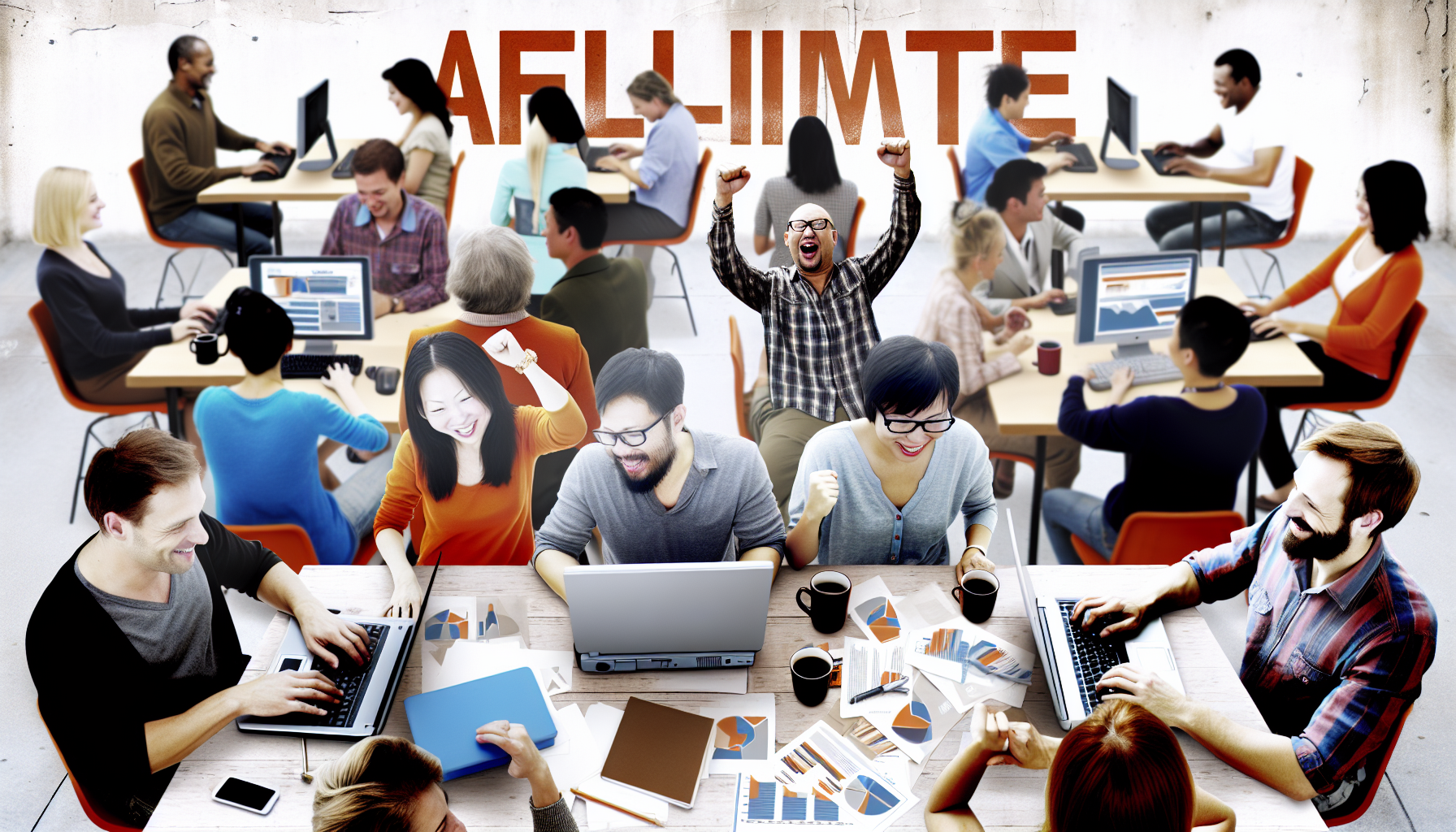 Ein Bild, das eine florierende Online-Affiliate-Community darstellt. Menschen unterschiedlicher Herkunft, wie Asiaten, Kaukasier und Hispanics, sowohl Männer als auch Frauen, sind an ihren Computern beschäftigt und arbeiten fleißig. Einige von ihnen feiern kleine Erfolge, die ein generiertes profitables Einkommen online symbolisieren. Die Atmosphäre ist energetisch, unterstützend und positiv. Tische sind mit Laptops, Kaffeetassen und Dokumenten bedeckt, was auf einen Co-Working-Space hindeutet. Die Community ist aktiv und engagiert, und die allgemeine Stimmung ist optimistisch, was das Potenzial für profitable Online-Einnahmen in der Affiliate-Community symbolisiert.