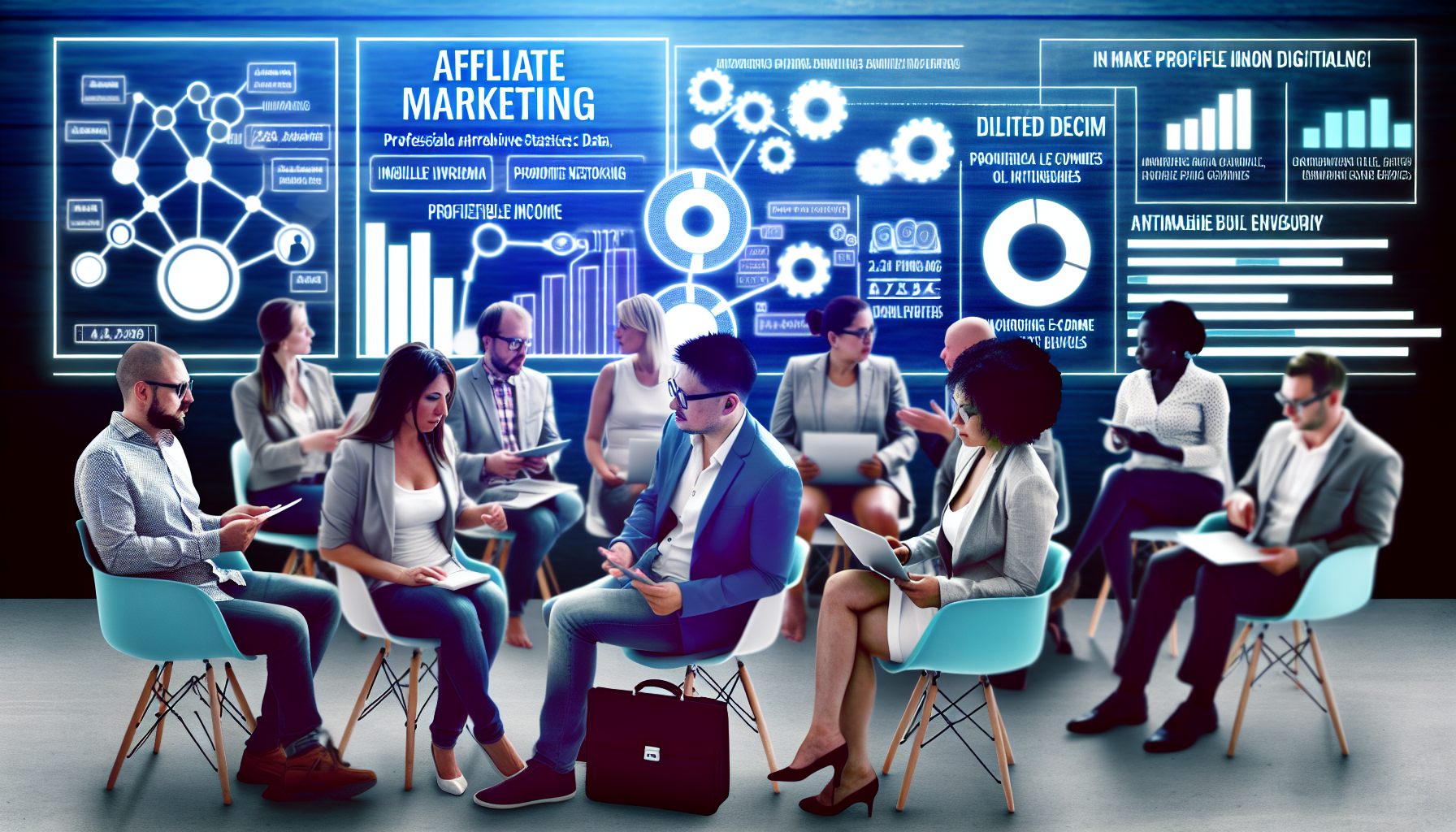 Eine Online-Community, die sich auf Affiliate-Marketing konzentriert, in der Einzelpersonen professionell interagieren und Strategien austauschen, um digital profitabel Einkommen zu erzielen. Die Szene umfasst Menschen unterschiedlicher Herkunft und Geschlechter, die lebhafte Diskussionen führen, statistische Daten zu digitalen Geräten überprüfen, E-Commerce fördern und Networking unterstützen. Ihre Umgebung deutet auf ein hochmodernes Umfeld mit innovativen Werkzeugen hin, die dazu beitragen, Online-Einnahmen zu steigern.