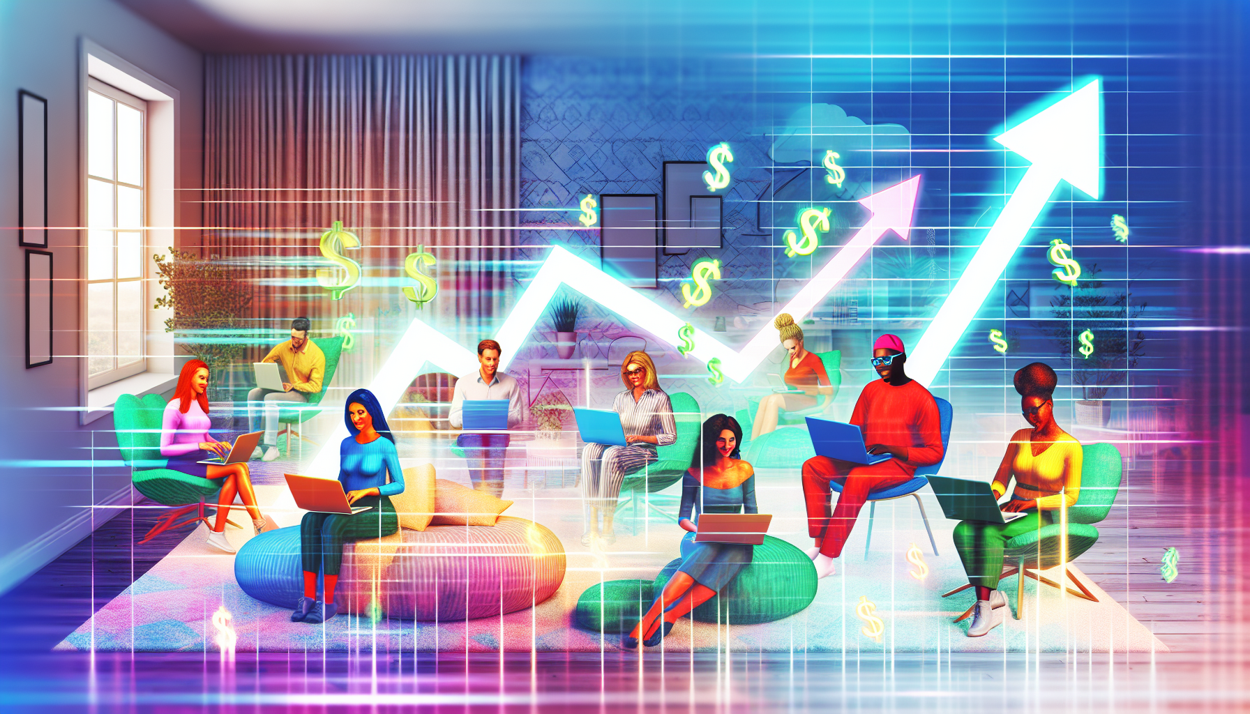 Eine lebendige Illustration einer Online-Affiliate-Community. Die Szene zeigt verschiedene Personen unterschiedlicher Abstammung, darunter Kaukasier, Schwarze, Hispanics, Menschen aus dem Nahen Osten und Südasien, die beschäftigt an ihren Laptops arbeiten. Das Bild fängt die Energie und das Potenzial für Gewinn ein, mit Symbolen wie Dollarzeichen und Grafiken, die aufwärts gerichtete Trends zeigen. Die Umgebung ist ein entspanntes Zuhause, das den Komfort des Arbeitens von zu Hause aus zeigt.