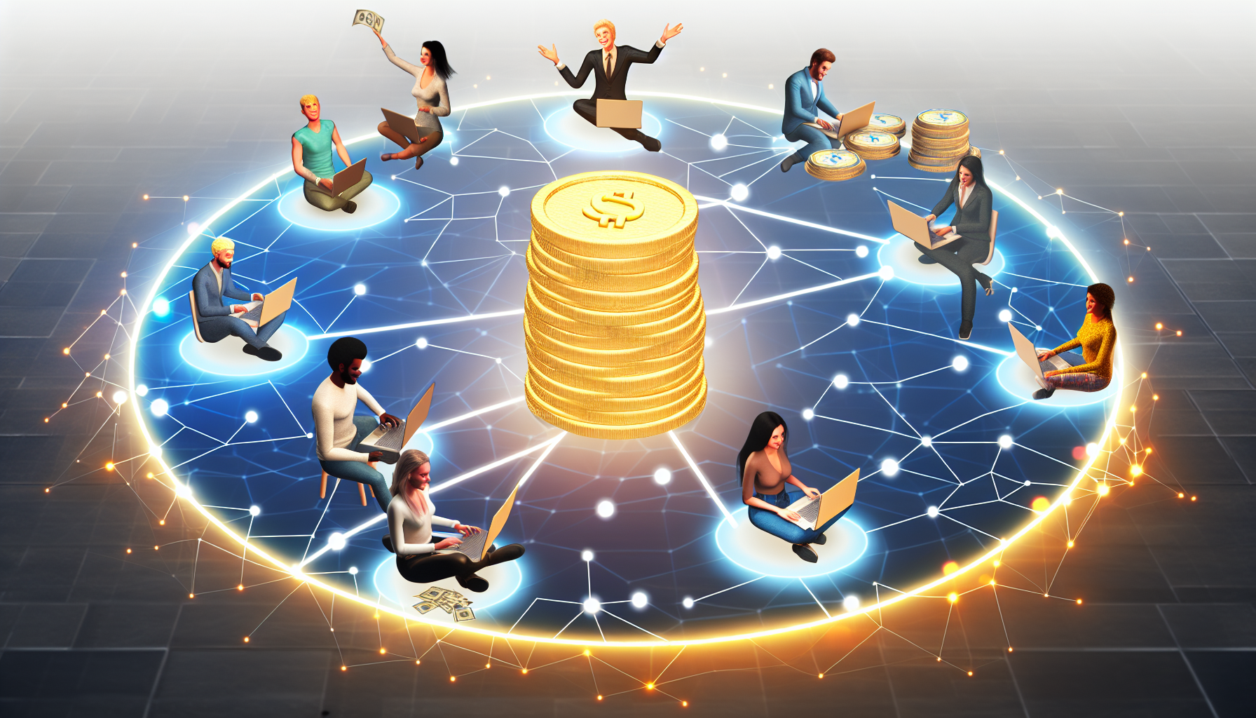 Eine digitale Illustration einer Online-Affiliate-Marketing-Community, in der Menschen einander helfen, auf profitable und effiziente Weise Geld zu verdienen. Das Bild zeigt idealerweise Personen verschiedener Herkunft, wie Kaukasier, Schwarze, Hispanics und Menschen aus dem Nahen Osten, die jeweils an ihren Laptops arbeiten, Ideen für Online-Strategien brainstormen und austauschen. Sie sind über ein globales digitales Netzwerk miteinander verbunden, das durch Linien und Knoten dargestellt wird. In der Mitte befindet sich ein großer Haufen 3D-Goldmünzen, der die Gewinne symbolisiert, die sie erzielen. Der Raum ist erfüllt von warmen, einladenden und produktiven Vibes.