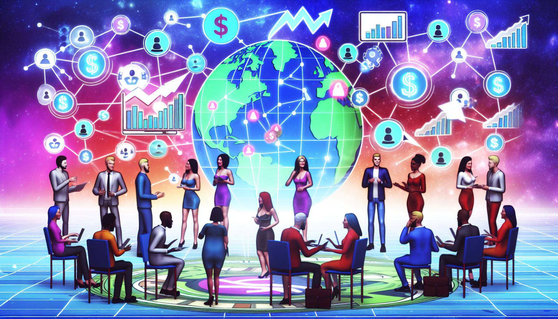 Eine lebendige Illustration, die das Konzept der Affiliate-Community online zeigt, in der Einzelpersonen und Unternehmen zusammenarbeiten und Geld verdienen. Die Szene zeigt eine vielfältige Gruppe von Menschen, die sich um ein großes globales Netzwerk versammeln, das verschiedene Regionen der Welt repräsentiert. Einige sind in Diskussionen vertieft, während andere Analysen auf digitalen Bildschirmen studieren. Sie stammen aus verschiedenen ethnischen Gruppen wie Kaukasiern, Hispanics, Schwarzen, Menschen aus dem Nahen Osten und Südasien. Der Hintergrund ist mit Symbolen des Erfolgs gefüllt, wie aufsteigenden Pfeilen, Dollarzeichen und Symbolen digitaler Währungen, die den profitablen Aspekt der Affiliate-Community anzeigen.