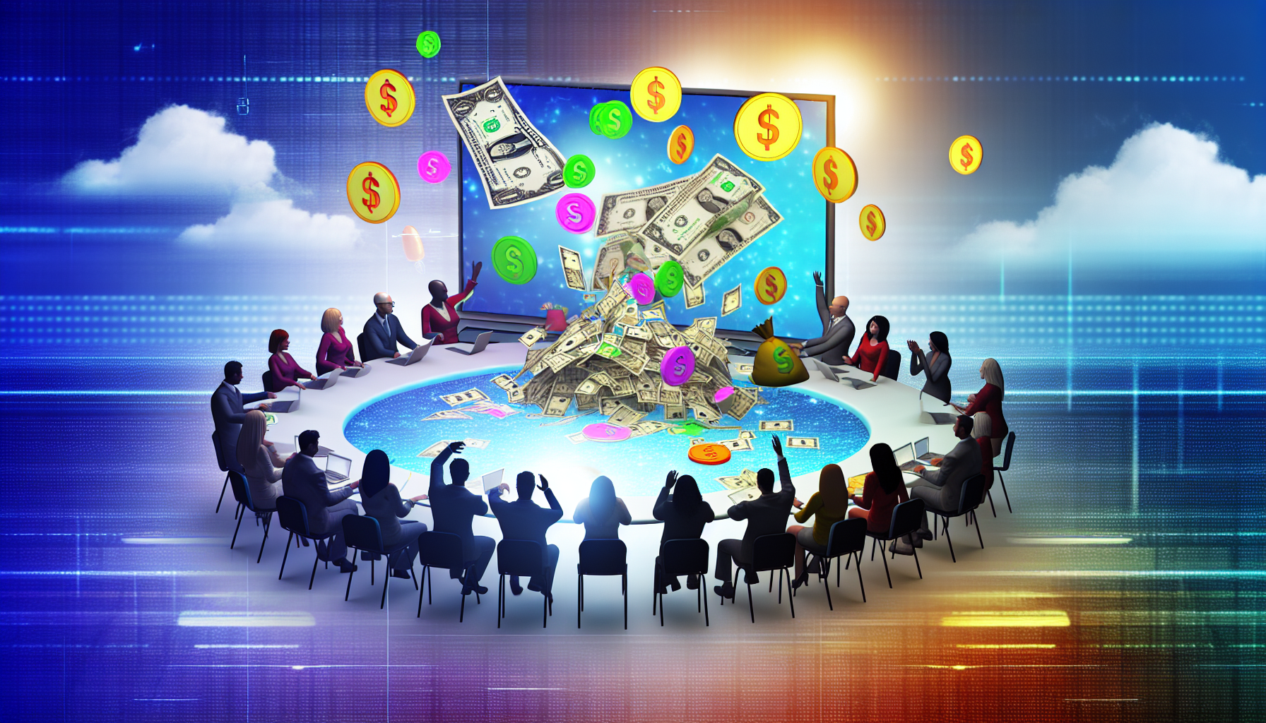 Ein lebendiges Bild, das eine Online-Affiliate-Community darstellt, mit verschiedenen Elementen, die mit der Generierung von profitablen Online-Einkommen verbunden sind. Die Szene könnte verschiedene Personen unterschiedlicher Herkunft zeigen, wie Kaukasier, Hispanics, Schwarze, Menschen aus dem Nahen Osten und Südasien, die um einen großen virtuellen Tisch sitzen, der mit Geld und Währungssymbolen bedeckt ist und die gemeinschaftlichen Einnahmen veranschaulicht. Die Atmosphäre sollte Optimismus und die Aussicht auf erfolgreiche Online-Einnahmequellen ausstrahlen.