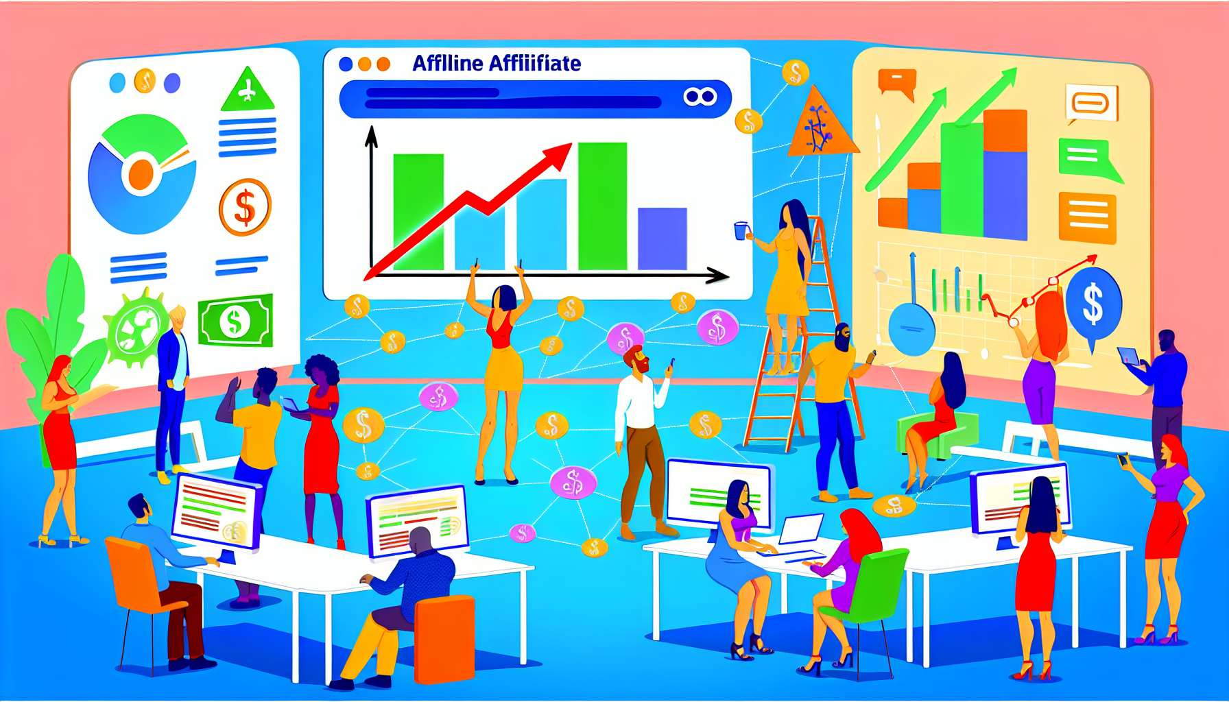 Eine lebendige Szene, die eine Online-Affiliate-Community darstellt. Sie zeigt Personen verschiedener Geschlechter und Herkunft, die sich mit profitablen Aktivitäten beschäftigen. Einige Mitglieder sind dabei, Marketingstrategien auf einem riesigen gemeinsamen Whiteboard zu brainstormen, während andere sich über ihre profitablen Berichte auf Computerbildschirmen freuen. Die Umgebung ist gefüllt mit Symbolen des Online-Shoppings, Affiliate-Marketing-Links und Netzwerkdiagrammen. Inmitten dessen herrscht ein Gefühl von Einheit und gemeinsamem Profit.