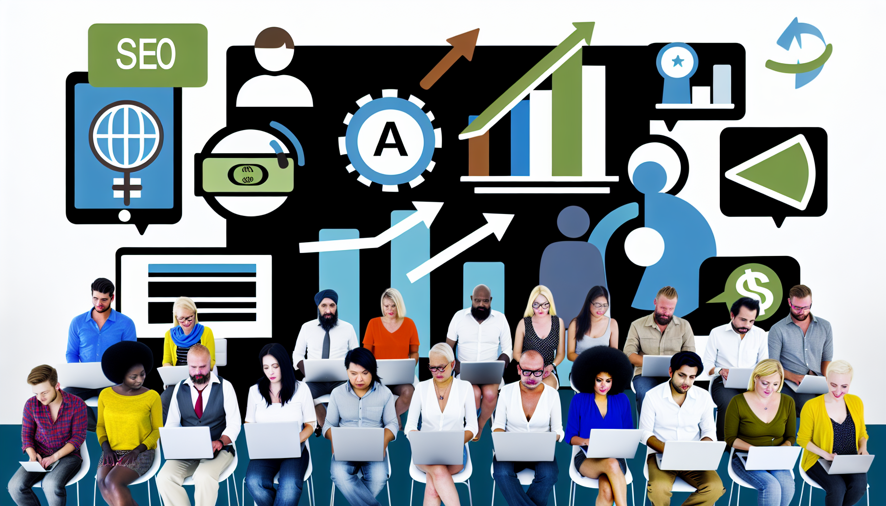 Ein Bild, das eine vielfältige Gruppe von Menschen zeigt, die gemeinsam an Affiliate-Marketing arbeiten, um online Gewinne zu erzielen. Das Bild sollte verschiedene Elemente im Zusammenhang mit Online-Marketing-Strategien wie SEO, E-Mail-Marketing und Social Media Marketing enthalten. Die Gruppe von Menschen sollte Männer und Frauen unterschiedlicher Abstammung umfassen, wie Kaukasier, Hispanics, Schwarze, Menschen aus dem Nahen Osten, Südasien und Ostasien, die alle gemeinsam arbeiten. Visuelle Indikatoren, dass sie Fortschritte machen, wie steigende Grafiken und Diagramme, sollten ebenfalls vorhanden sein.