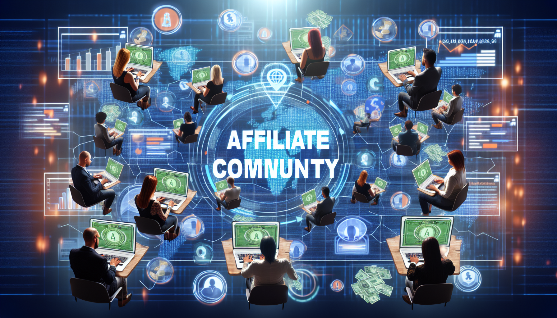 Ein Bild, das eine Affiliate-Community darstellt. Es ist ein geschäftiger Ort mit mehreren Personen unterschiedlicher Herkunft und Geschlechter, die auf ihren digitalen Geräten Online-Transaktionen durchführen. Sie interagieren auf einer virtuellen Plattform, die den Online-Geldverdienst durch Affiliate-Marketing repräsentiert. Es gibt Symbole für Währungen, Diagramme mit positiven Trends und verschiedene E-Commerce-Websites, die die profitable Natur ihrer Aktivitäten kennzeichnen. Ein Banner mit dem Schriftzug 'Affiliate Community' hängt prominent im digitalen Raum.
