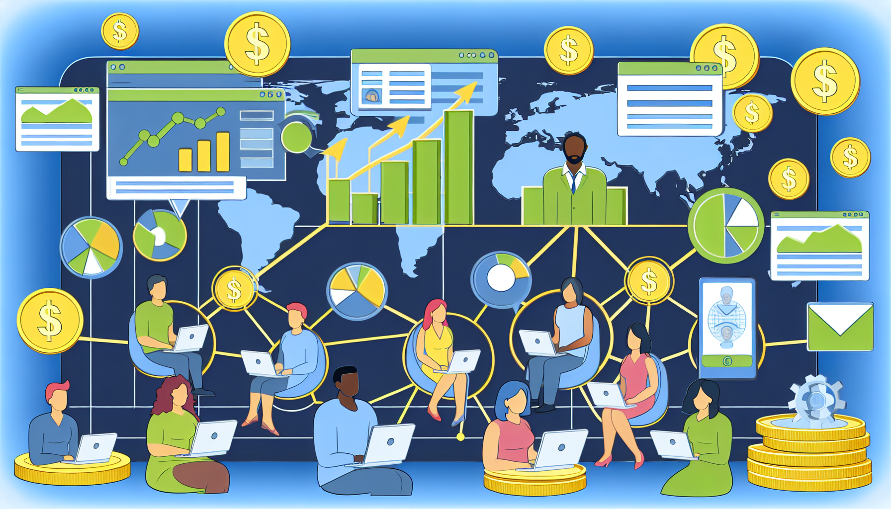 Eine Szene, die eine produktive und engagierte Online-Community darstellt. Die Mitglieder verbinden sich aus verschiedenen Teilen der Welt mit dem gemeinsamen Ziel, durch Affiliate-Marketing Geld zu verdienen. Wichtige Elemente, die enthalten sein sollten: Webseiten mit Empfehlungslinks, Analysen und Grafiken, die einen Anstieg des Gewinns zeigen, digitale Münzen, die Online-Einnahmen symbolisieren, und diverse internationale Community-Mitglieder, die aktiv kommunizieren und Ideen austauschen.