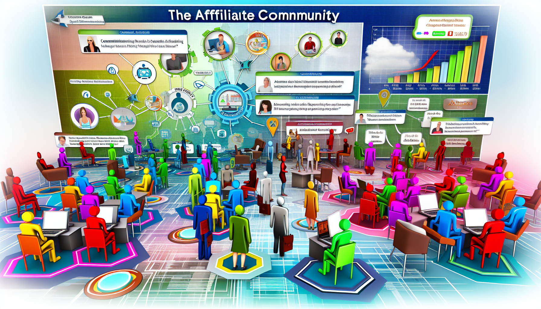 Eine lebendige Online-Community mit dem Namen „Die Affiliate-Community“, bestehend aus bunten digitalen Avataren. Diese digitalen Avatare sind damit beschäftigt, miteinander zu interagieren, zu kommunizieren und durch verschiedene Ressourcen, Räume und Werkzeuge in einer gemeinsamen virtuellen Umgebung zu navigieren. Von lockeren Diskussionen in Gemeinschaftsbereichen bis hin zu fokussierten Beratungen in Besprechungsräumen sind sie alle darauf ausgerichtet, ein gemeinsames Ziel zu erreichen – profitables Online-Einkommen. Die Umgebung ist lebhaft mit einer Mischung aus abstrakten, technologieinspirierten Grafiken und traditionellen Büroelementen. Ein Ticker, der aktuelle Strategien anzeigt, Warteschlangen bei virtuellen Webinaren und Foren, die vor Aktivität summen, sind alle Teil dieses Bildes.