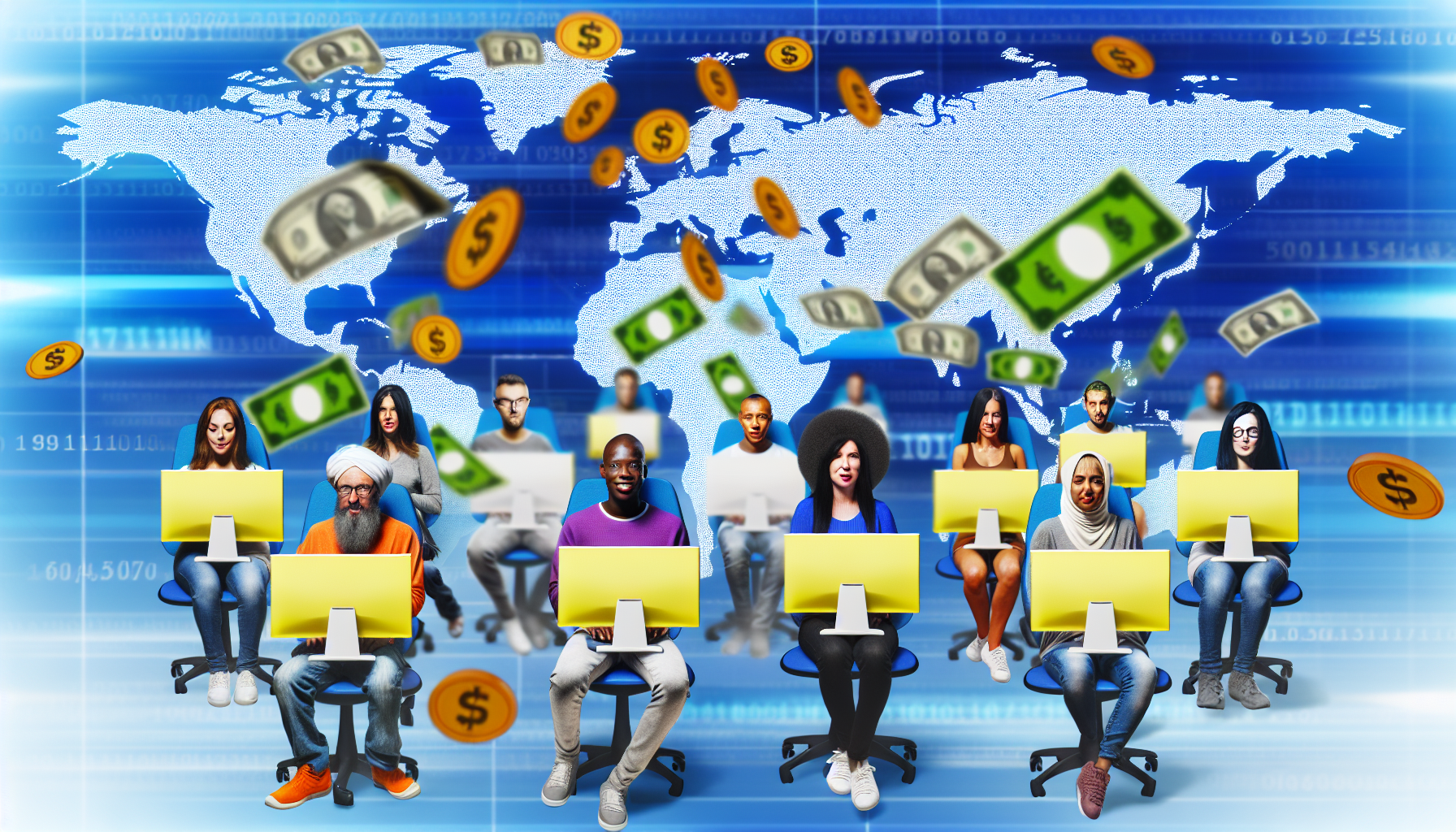 Ein Bild, das das Konzept einer florierenden Online-Affiliate-Community zeigt. Verschiedene Personen unterschiedlicher Herkunft, wie Hispanic, Kaukasisch, Schwarz, Südasianisch und Nahöstlich, sitzen vor ihren Computern und sind damit beschäftigt, online Gewinne zu erzielen. Verschiedene Währungen schweben um sie herum und symbolisieren die Einnahmen aus ihren Online-Unternehmungen. Der Hintergrund kann eine digitale Weltkarte sein, die zeigt, dass sie alle verbunden sind, unabhängig von ihren geografischen Standorten.