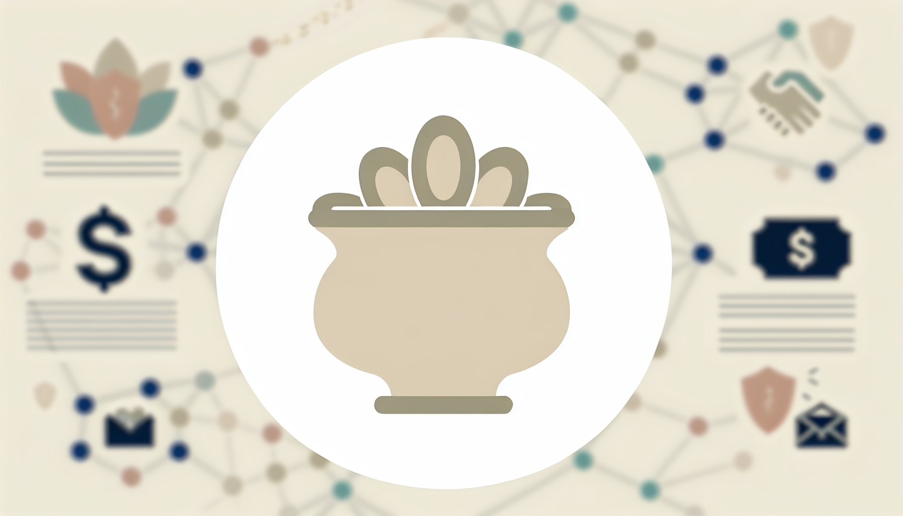 Eine minimalistische visuelle Darstellung von passivem Einkommen. Die Merkmale sollten eine Fülle darstellende Füllhorn enthalten, aus dem Geld fließt. Der Hintergrund zeigt ein Netzwerk von miteinander verbundenen Knoten, das ein Spendenetzwerk veranschaulicht. Außerdem sollte es ein lakonisches Symbol oder Icon für Affiliate-Marketing geben, wie einen Kettenlink oder einen Handschlag, das die Verbindung zwischen verschiedenen Parteien zeigt. Die gesamte Ästhetik sollte modern und klar sein, mit einer Palette von ruhigen, pastellfarbenen Tönen, um ein Gefühl von Ruhe und Stabilität zu vermitteln, das oft mit passivem Einkommen assoziiert wird.