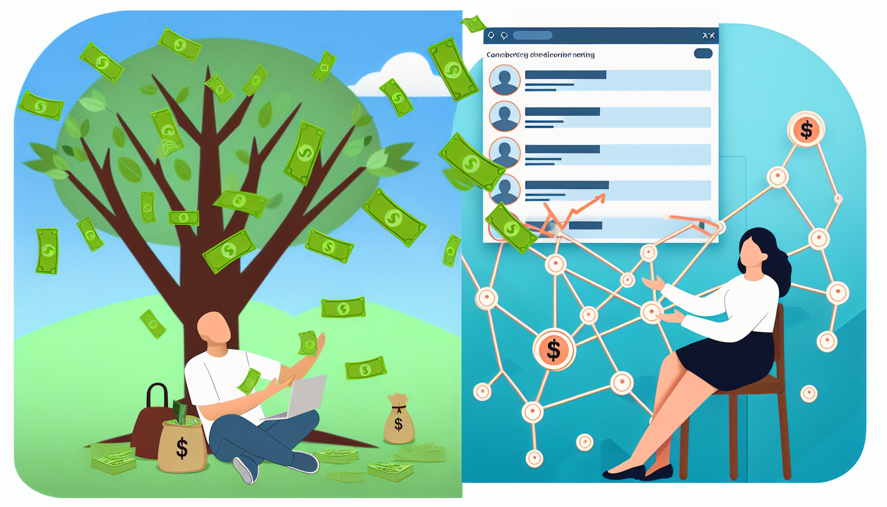 Illustration von passivem Einkommen mit einer Person, die unter einem Baum sitzt, aus dessen Ästen Geld regnet. Nebenbei ist ein Netzwerk aus verbundenen Punkten dargestellt, das ein Spendenetzwerk repräsentiert, verbunden mit Symbolen des Teilens und Beitragens. Zusätzlich zeigt ein anderer Teil des Bildes eine Szene, die Affiliate-Marketing darstellt, mit Personen im Vordergrund, die verschiedene virtuelle Produkte auf ihren digitalen Geräten bewerben.