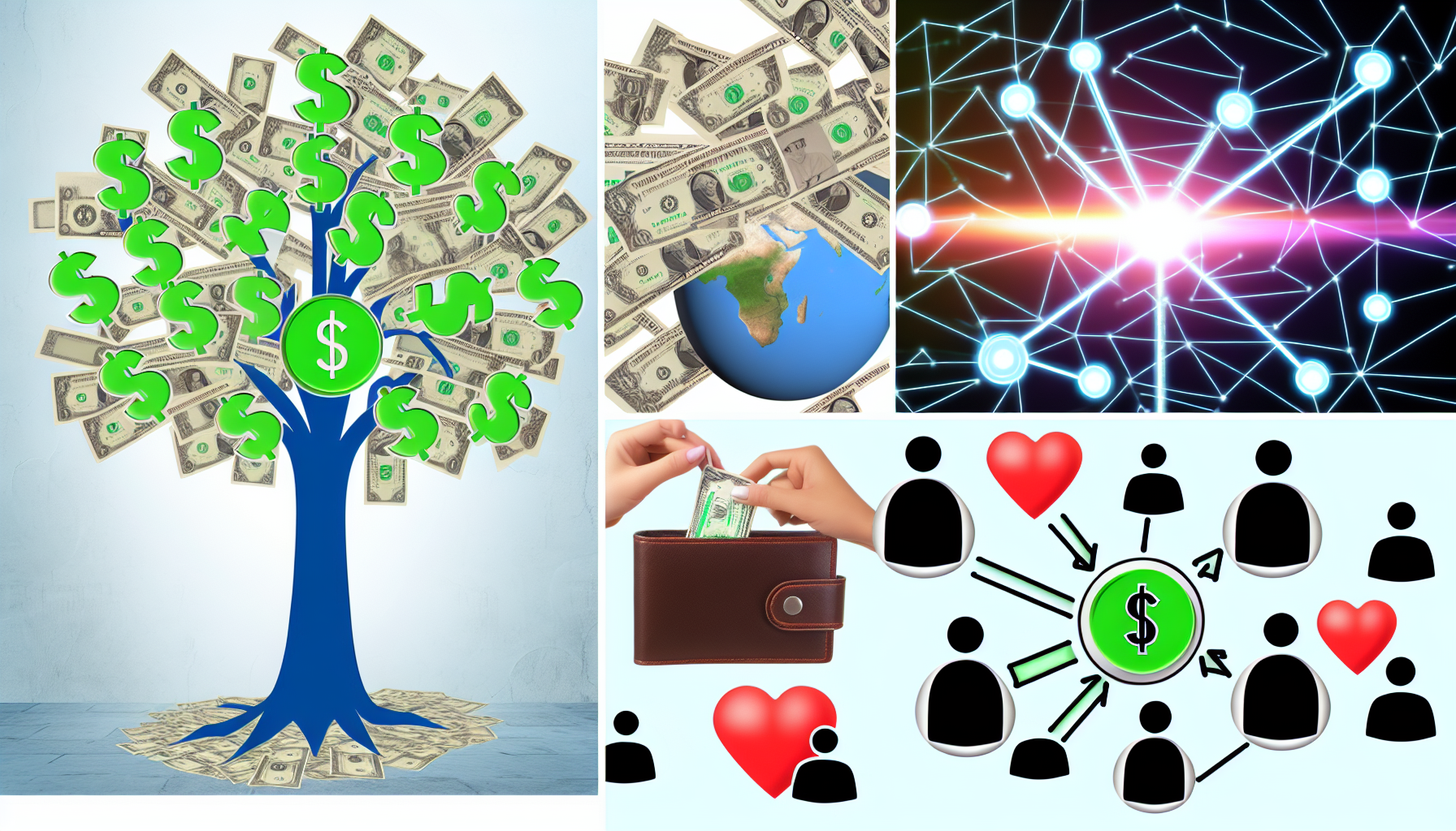 Eine Collage, die das Konzept des passiven Einkommens veranschaulicht, mit Elementen wie einem Geldbaum und Dollarnoten, die in eine Geldbörse fließen, einem Spendenetzwerk mit miteinander verbundenen Globussen und Hilfssymbolen wie Herzen, die auf eine globale Fundraising-Aktion hinweisen, sowie dem Aspekt des Affiliate-Marketings, der Empfehlungen zeigt, die auf ein Produkt oder eine Dienstleistung hinweisen, symbolisiert durch einen strahlenden Stern. All diese Elemente sind miteinander verbunden und verdeutlichen ihre Rolle bei der Generierung von passivem Einkommen.