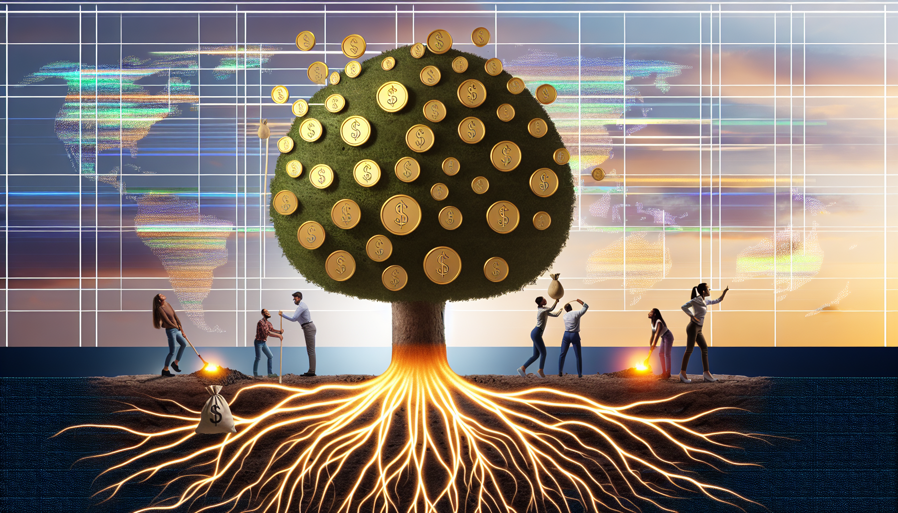Ein konzeptionelles Bild, das passives Einkommen, ein Spendenetzwerk und Affiliate-Marketing darstellt. Stellen Sie sich einen wachsenden Geldbaum vor, der passives Einkommen symbolisiert, mit goldenen Münzen als Früchten. Die Wurzeln des Baumes breiten sich in ein Netzwerk von Linien aus, das das miteinander verbundene Spendenetzwerk repräsentiert. Personen unterschiedlicher Herkunft und Geschlechter kultivieren den Baum und demonstrieren das Konzept des Affiliate-Marketings. Eine Heatmap-Überlagerung zeigt die aktivsten Bereiche im Netzwerk. Die Szene wird bei Sonnenaufgang festgehalten, was den Beginn eines Tages und das Potenzial für Wachstum symbolisiert.