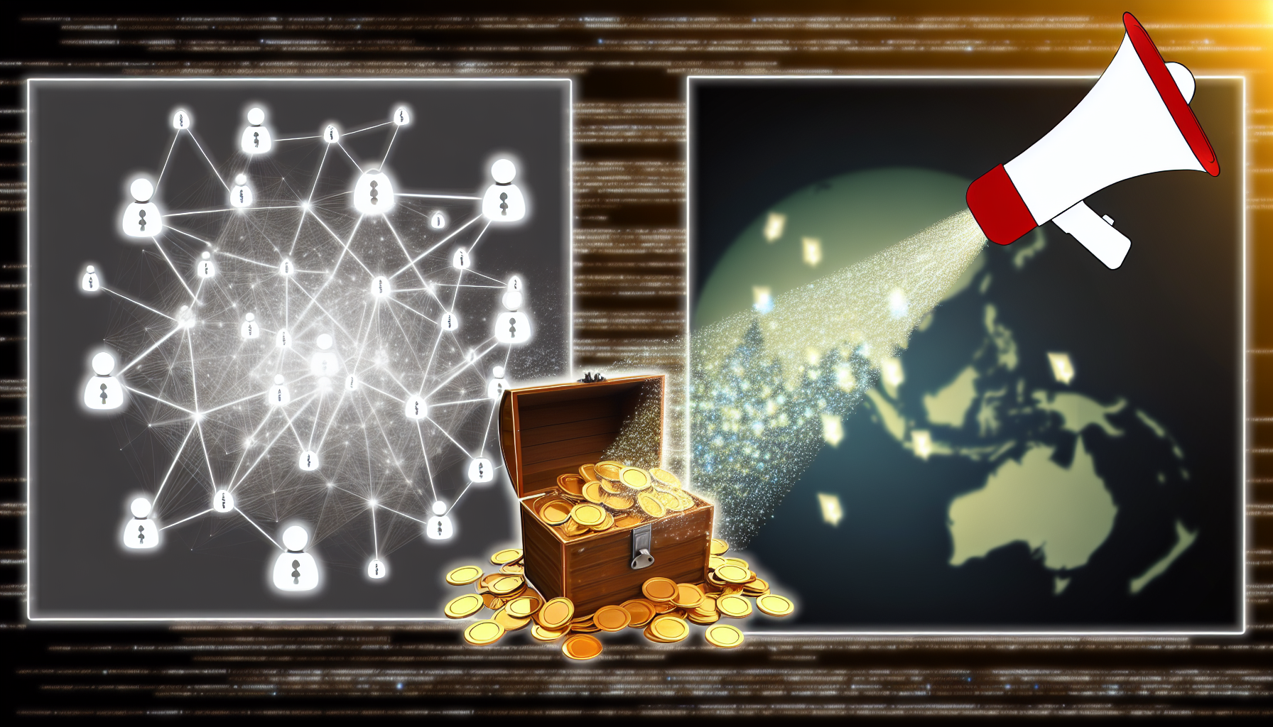 Ein abstraktes Konzept von passivem Einkommen, dargestellt durch Ströme glänzender Goldmünzen, die in eine überquellende Schatztruhe fließen. Daneben ein miteinander verbundenes Netzwerk-Muster, das ein Spendenetzwerk symbolisiert, mit Lichtpartikeln, die Knoten in einer netzartigen Formation verbinden. Auf der anderen Seite ein Symbol für Affiliate-Marketing, möglicherweise ein Megafon, das mit Tags versehene Produktbilder ausstößt, die sich über eine globale Online-Karte verbreiten.