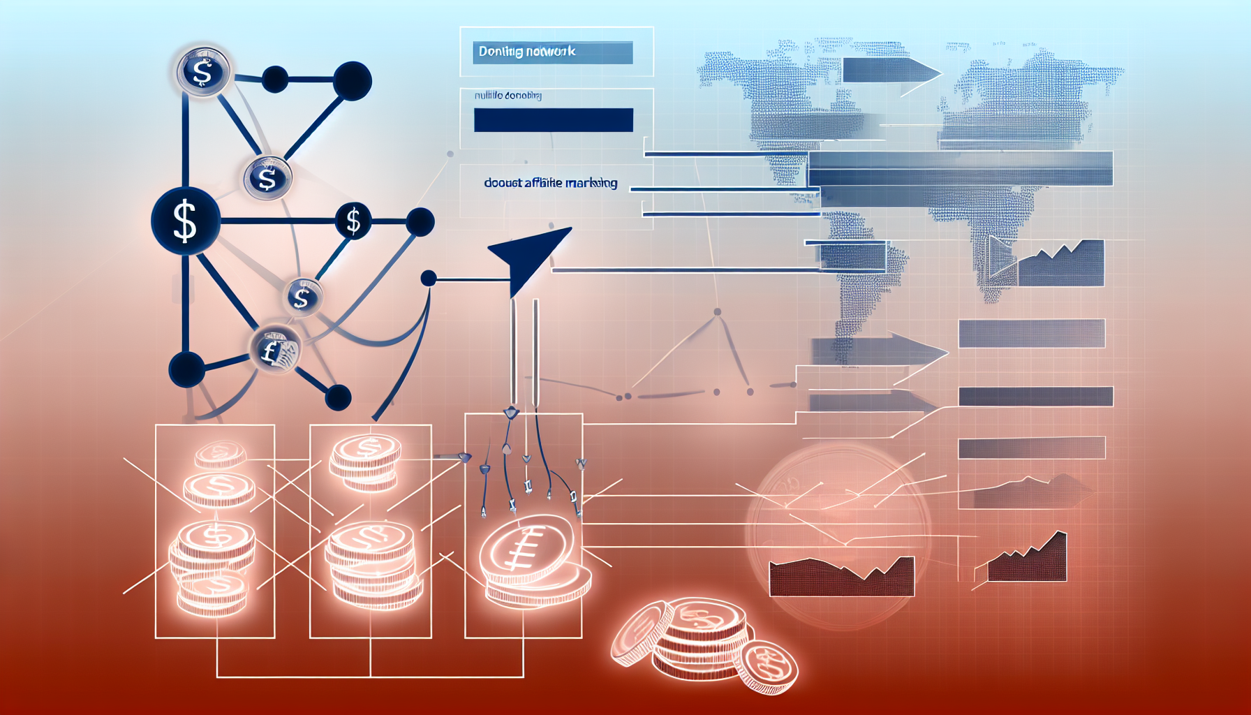 Eine Illustration, die den Prozess der passiven Einkommensgenerierung durch Affiliate-Marketing zeigt. Inklusive Grafiken von Verbindungen und Netzwerken, die das Spendenetzwerk symbolisieren. Verwenden Sie visuelle Elemente wie Pfeile, um den Fluss des Einkommens darzustellen. Nutzen Sie mehrere Ebenen, um die hierarchische Natur des Affiliate-Marketings darzustellen und die Idee von mehreren Einkommensströmen zu vermitteln. Zeigen Sie eine Vielzahl von Währungen, um den internationalen Aspekt widerzuspiegeln. Fügen Sie Designelemente hinzu, die ein Gefühl von Fortschritt und Momentum hervorrufen, wie Diagramme, die Aufwärtstrends zeigen, oder Beispiele für Wachstum im Laufe der Zeit.