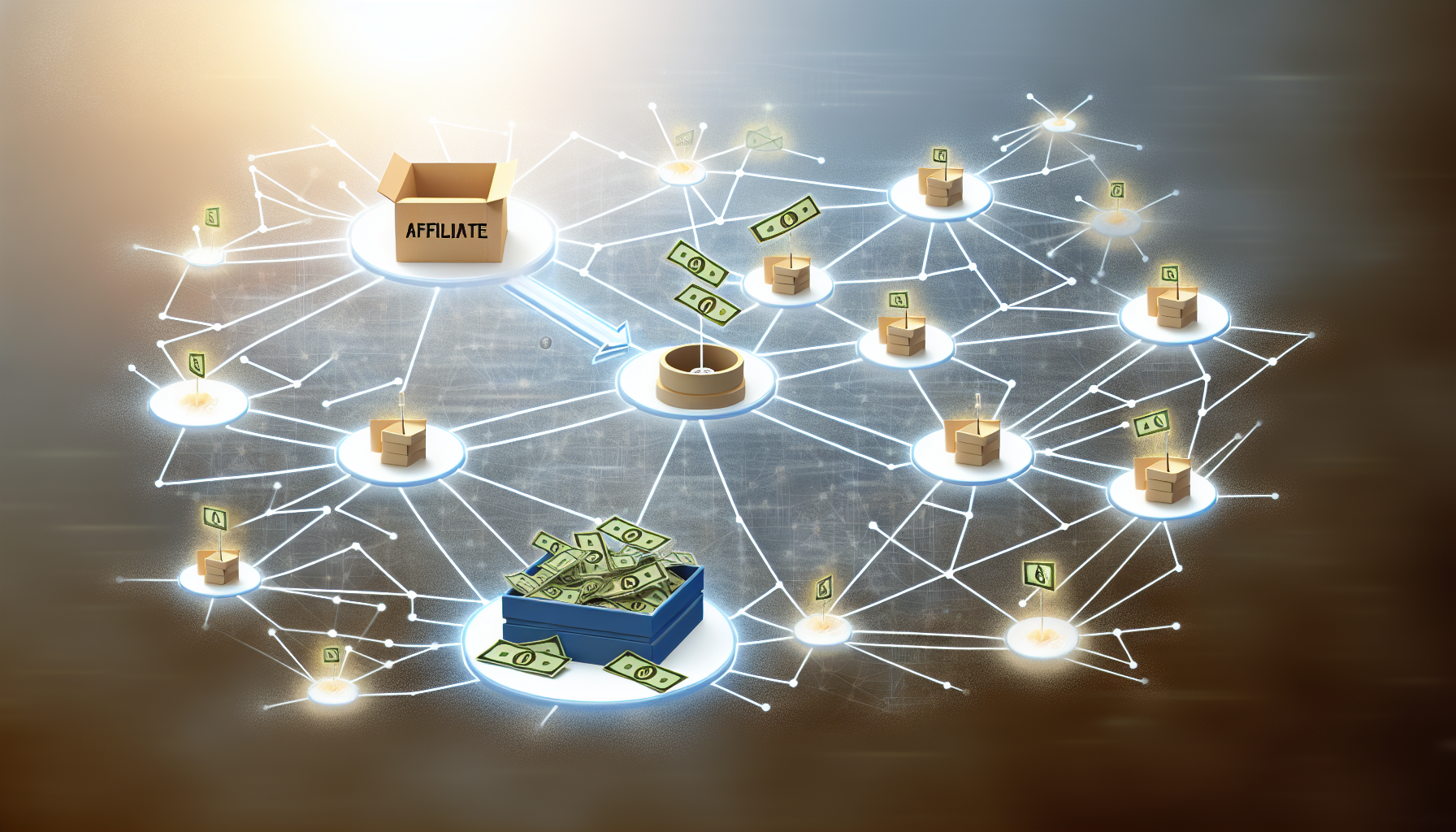 Stellen Sie sich ein Szenario vor, in dem passives Einkommen durch Affiliate-Marketing generiert wird. Visualisieren Sie eine technologiegetriebene Szene, in der ein Netzwerk aus miteinander verbundenen Knoten das Affiliate-Netzwerk darstellt. Jeder Knoten ist mit anderen verbunden und symbolisiert die Verbreitung des Einflusses im Netzwerk. Ein zentraler Knoten wird hervorgehoben und stellt den Haupt-Affiliate oder die Quelle dar. Münzen oder Banknoten fließen vom zentralen Knoten zur Peripherie und symbolisieren die Verbreitung des Einkommens. In einem anderen Aspekt des Bildes visualisieren Sie eine Box oder einen Korb für Spenden, was die Idee eines Spendenetzwerks suggeriert. Die gesamte Stimmung der Szene ist optimistisch und reichhaltig.