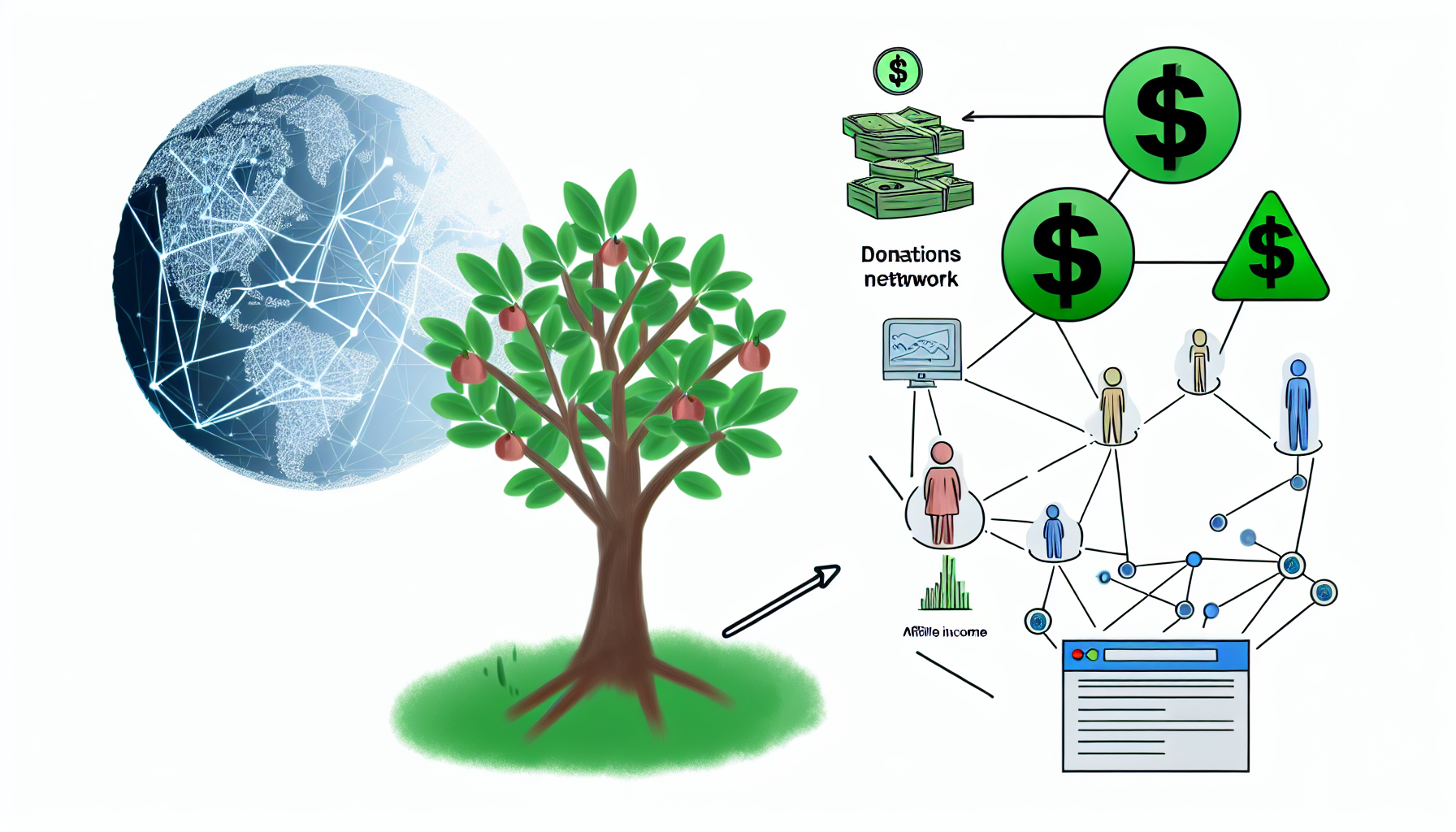 Eine Illustration, die das Konzept des passiven Einkommens einfängt, dargestellt durch eine Metapher eines Baumes mit Geld als Blättern, der stetig Früchte trägt. Daneben sollte ein Bild eines digitalen Netzwerks gezeigt werden, das globale Konnektivität darstellt und ein Spenden-Netzwerk symbolisiert. Schließlich sollte das Konzept des Affiliate-Marketings durch eine Darstellung von Verbindungen zwischen Produkten und Menschen illustriert werden, die Marketingbeziehungen anzeigen, mit Computerelementen oder Internet-Elementen, die umher schweben. All diese Elemente sollten miteinander verbunden sein, um ein Ökosystem moderner wirtschaftlicher Praktiken zu bilden.