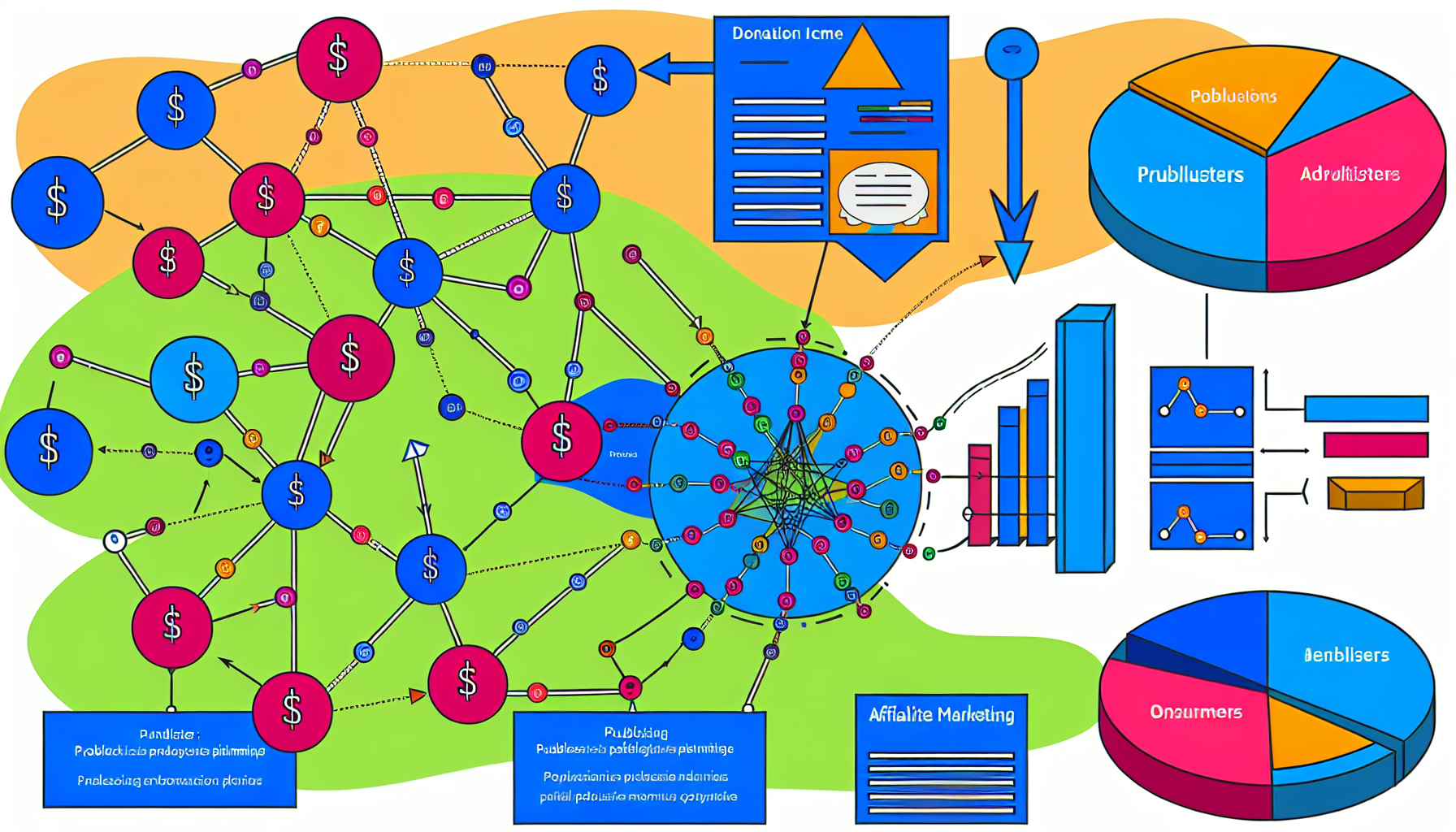 Erstellen Sie ein farbenfrohes Infografik-ähnliches Bild, das das Konzept des passiven Einkommens veranschaulicht. Es gibt ein Spendenetzwerk, das aus Knoten besteht, die durch Linien miteinander verbunden sind und den Fluss von Spenden signalisieren. Darüber hinaus gibt es ein Diagramm, das den Mechanismus des Affiliate-Marketings darstellt, mit Symbolen, die Verleger, Werbetreibende und Verbraucher repräsentieren. Elemente wie Diagramme, Pfeile und Statistiken sind enthalten, um komplexe Informationen schnell und klar visuell zu kommunizieren.