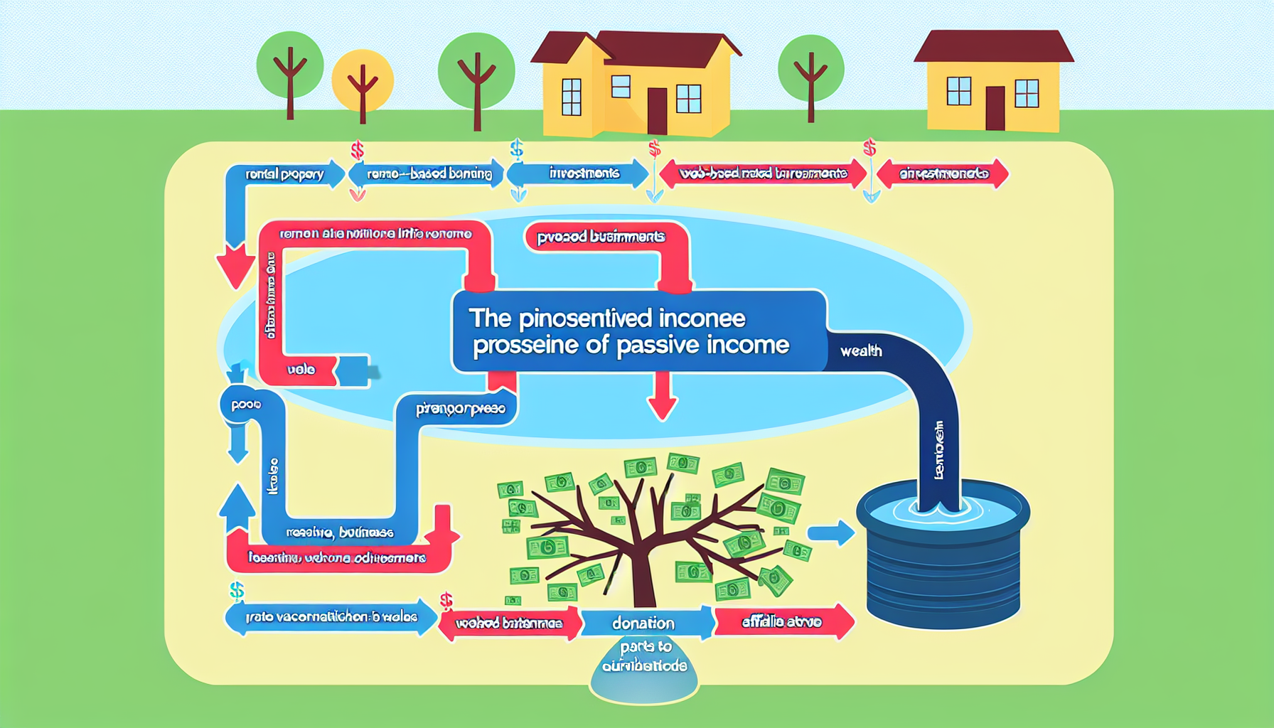 Eine illustrierte Infografik in Englisch, die das Konzept des passiven Einkommens beschreibt. Sie zeigt eine konzeptionelle Pipeline aus verschiedenen Einkommensströmen wie Mietimmobilien, Investitionen und web-basierten Geschäften wie Affiliate-Marketing. Die Pipeline führt zu einem Reservoir, das einen Reichtumspool symbolisiert. Neben dem Pool steht ein Baum mit Ästen, die ein Spendenetzwerk repräsentieren, in dem Teile des angesammelten Reichtums an verschiedene Hilfsorganisationen und -zwecke verteilt werden.