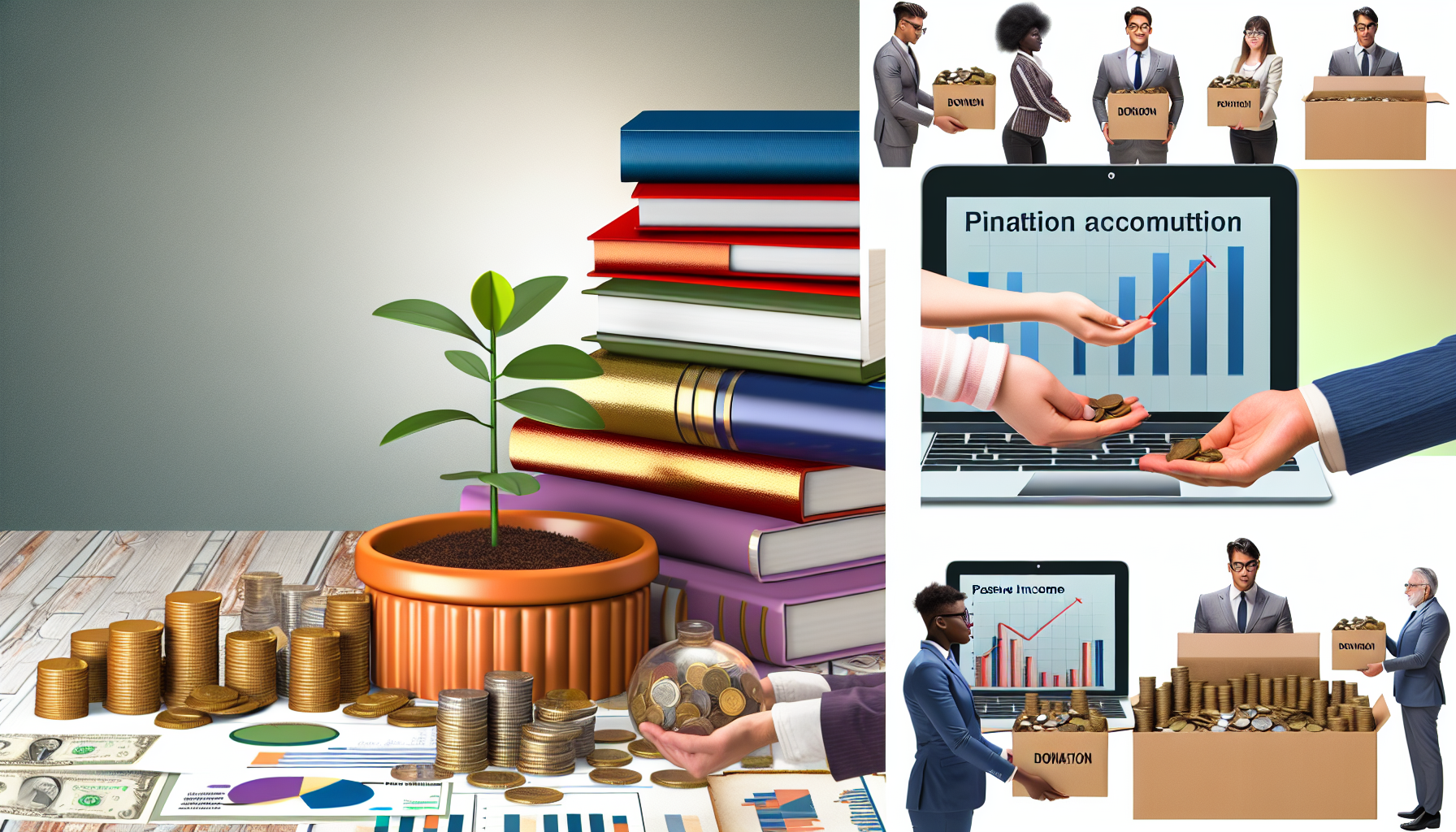 Eine konzeptionelle Szene, die verschiedene Aspekte von passivem Einkommen darstellt. Dazu gehören Bücher über finanzielle Weisheit, Münzen, die den Vermögensaufbau symbolisieren, und wachsende Pflanzen, die Wachstum über die Zeit darstellen. In einer anderen Ecke des Bildes wird das Konzept eines Spendenetzwerks illustriert, in dem Menschen verschiedener Abstammungen, wie Hispanics, Kaukasier und Südasianer, Wohltätigkeitsboxen einander übergeben. Schließlich zeigt ein Laptop Diagramme, Grafiken und Datenanalysetools, die das Konzept des Affiliate-Marketings demonstrieren.