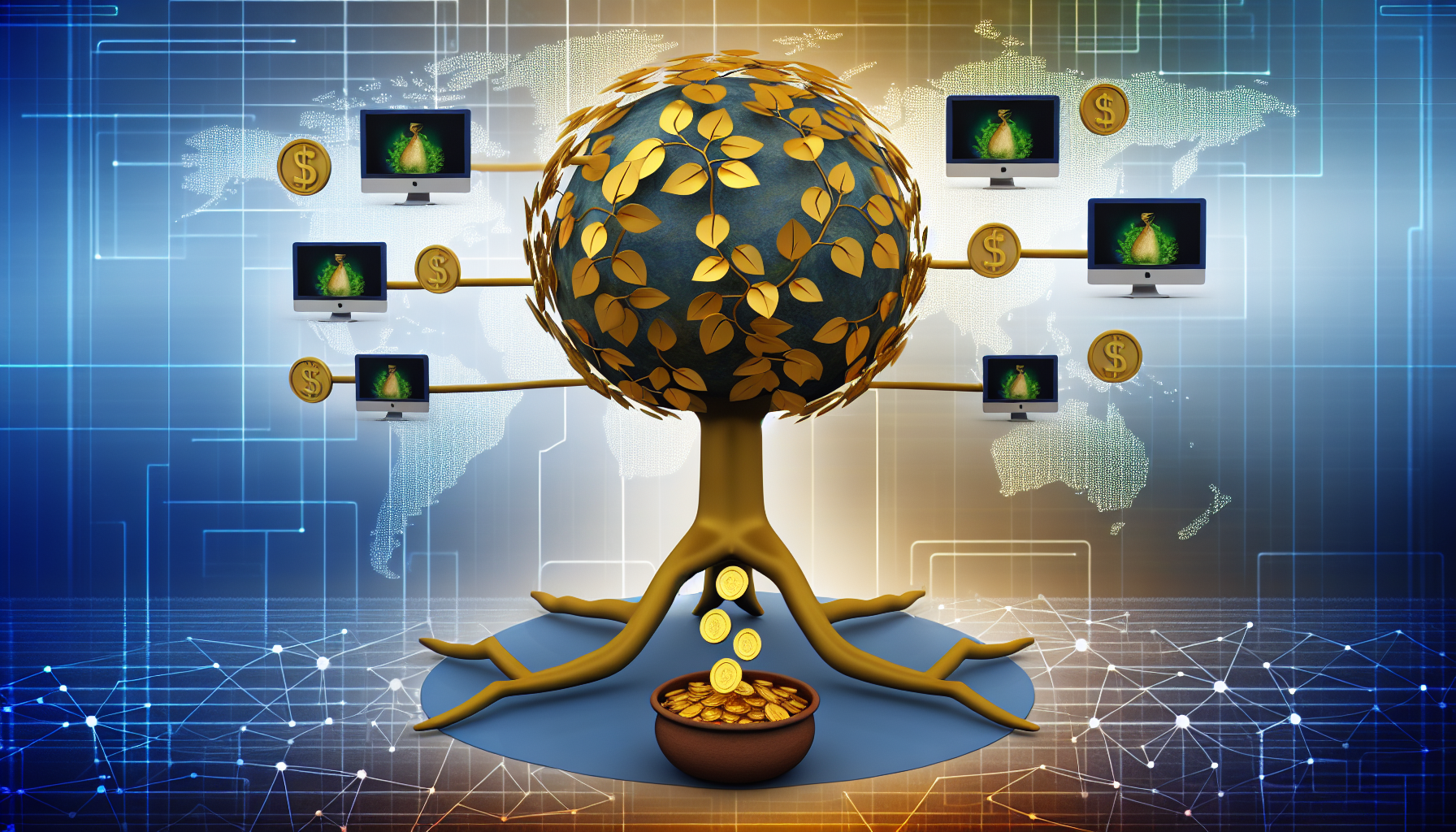 Eine konzeptionelle Darstellung von passivem Einkommen. In der Mitte steht ein Baum mit goldenen Blättern, der fruchtbare Investitionen symbolisiert, die durch Ressourcen unterstützt werden. Die Äste erstrecken sich nach außen, wobei jeder mit einem Computerbildschirm endet, der verschiedene Online-Einkommensquellen wie Affiliate-Marketing-Kampagnen zeigt. Unter dem Baum befindet sich ein Topf, der Goldmünzen sammelt und das generierte Einkommen symbolisiert. Im Hintergrund ist ein Netzwerk von Verbindungen zu sehen, das globale Wohltätigkeitsorganisationen darstellt, die von diesem Einkommen profitieren. In einer Ecke dreht sich leise ein Globus, der die weltweite Reichweite der Spenden hervorhebt.