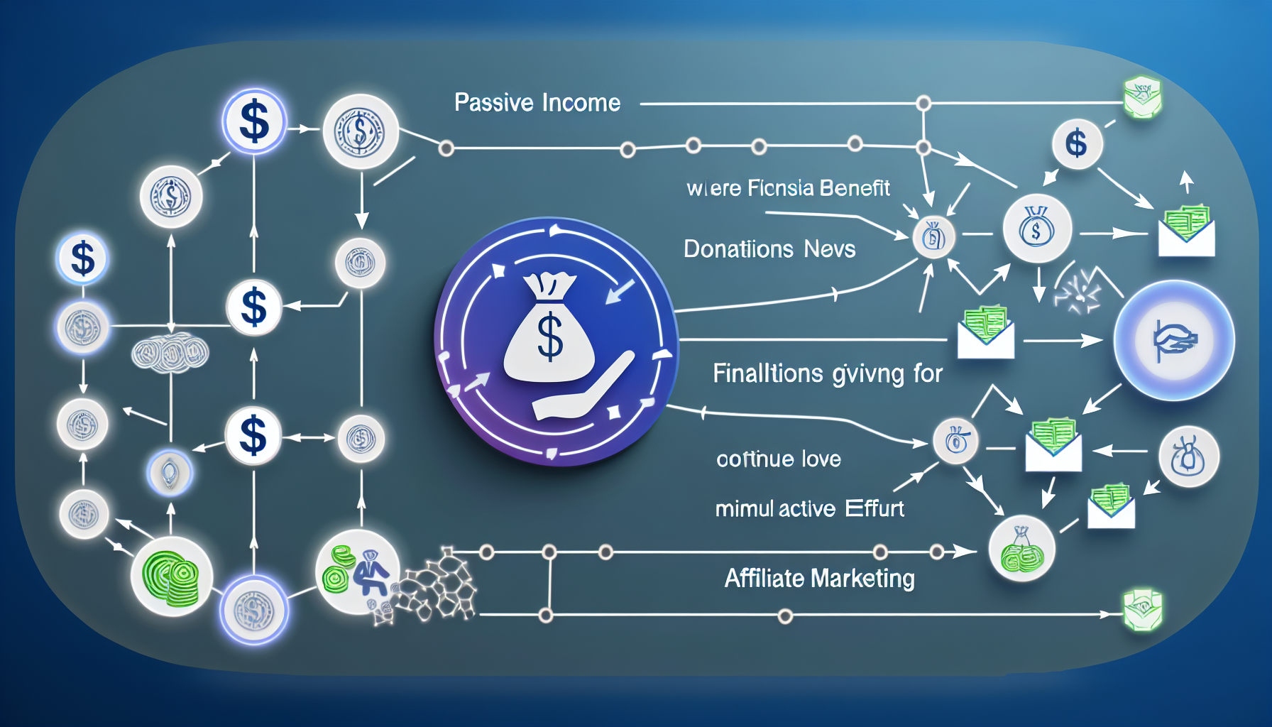 Ein Bild, das das Konzept des passiven Einkommens zeigt, bei dem finanzielle Vorteile mit minimalem aktivem Aufwand fließen, wie zum Beispiel Affiliate-Marketing. Es umfasst auch ein Spenden-Netzwerk, in dem verschiedene Symbole oder ikonische Darstellungen von Geldgeben und -empfangen miteinander verbunden sind und ein Unterstützungsnetz innerhalb der Wirtschaft darstellen. Darüber hinaus sollten Konzepte wie Einnahmequellen, miteinander verbundene Netzwerke und der logistische Prozess des Affiliate-Marketings veranschaulicht werden.