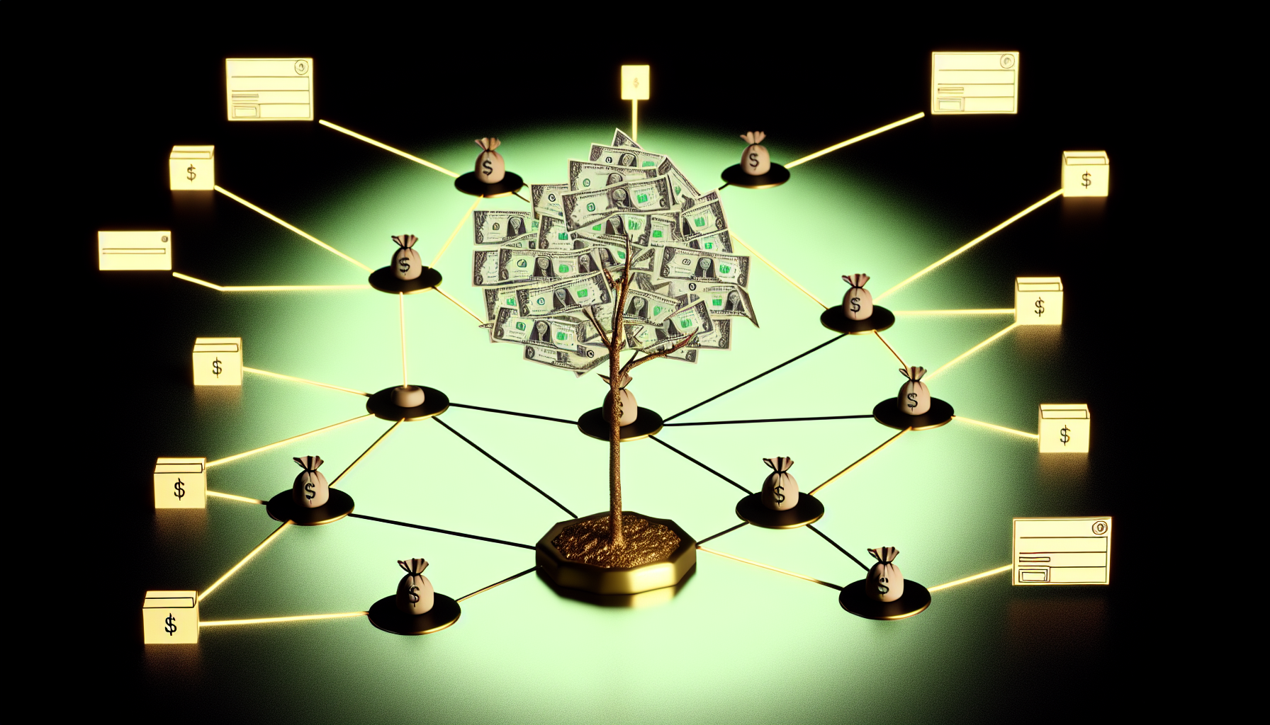 Ein konzeptionelles Kunstwerk, das das Konzept des passiven Einkommens symbolisiert. Im Zentrum steht ein goldener Baum mit Dollarnoten als Blättern, der das stetige Wachstum des Wohlstands verkörpert. Um ihn herum sind miteinander verbundene Punkte oder Knoten angeordnet, die ein Netzwerk darstellen und den Aspekt von Spenden und Affiliate-Marketing symbolisieren. Die Knoten sind durch dünne Linien verbunden, die die Verbindungen zwischen verschiedenen Quellen darstellen. Einige Knoten sind mit kleinen Kästchen verbunden, die Produkte repräsentieren und die Affiliate-Marketing-Links symbolisieren. Das gesamte System funktioniert zusammen, als ob es in einem geschlossenen Kreislauf operiert, und fördert die Idee der Selbstversorgung und des kontinuierlichen Wachstums.